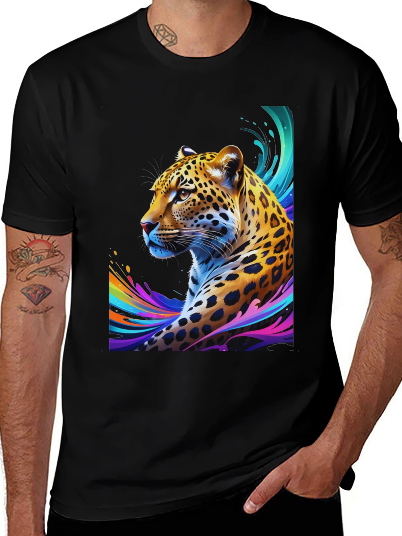Variant 19 of Vibrant Leopard Graphic Tee - Stylish Men's Black T-Shirt