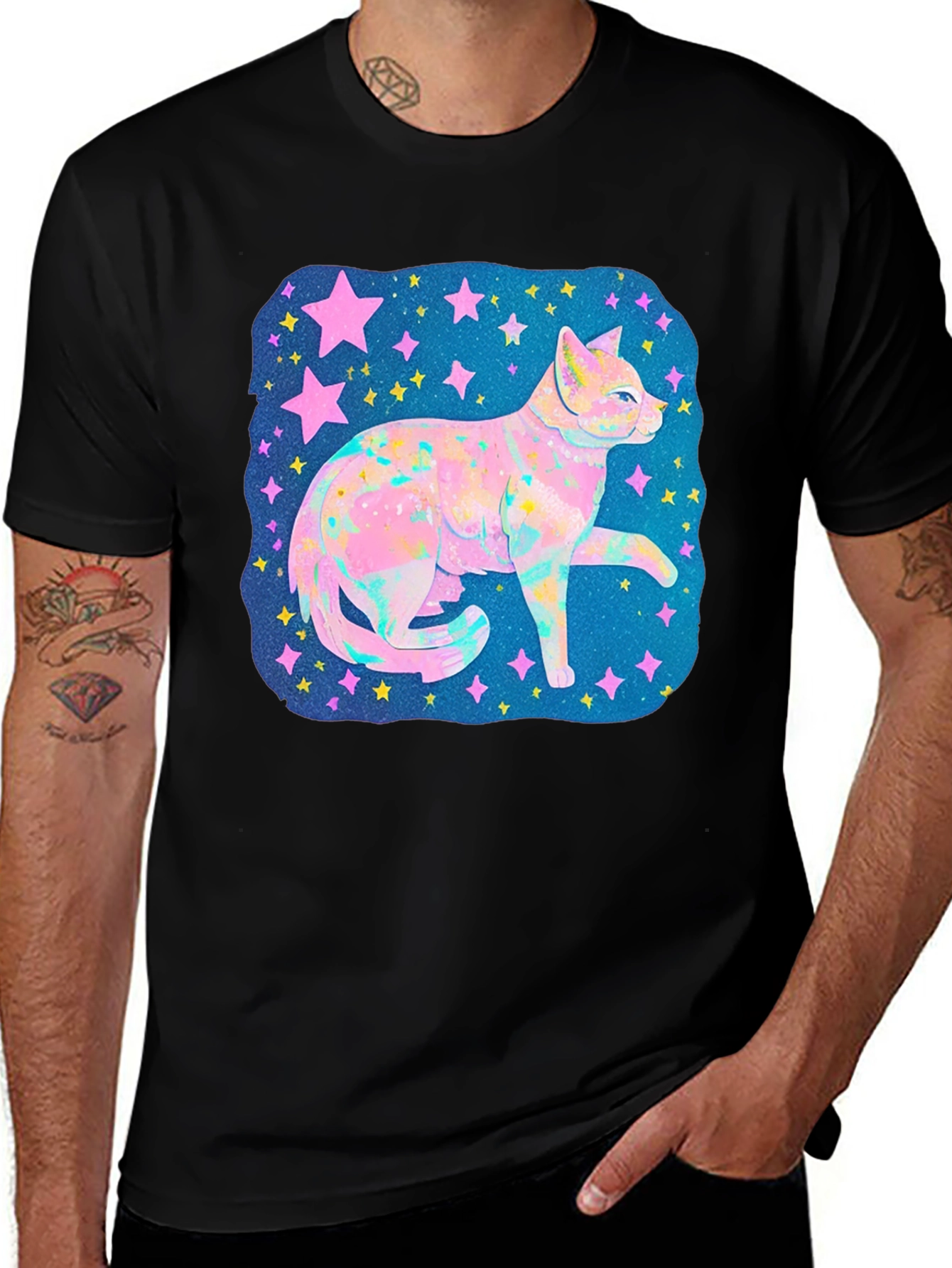 Cosmic Cat Graphic T-Shirt - Men's Black Tee