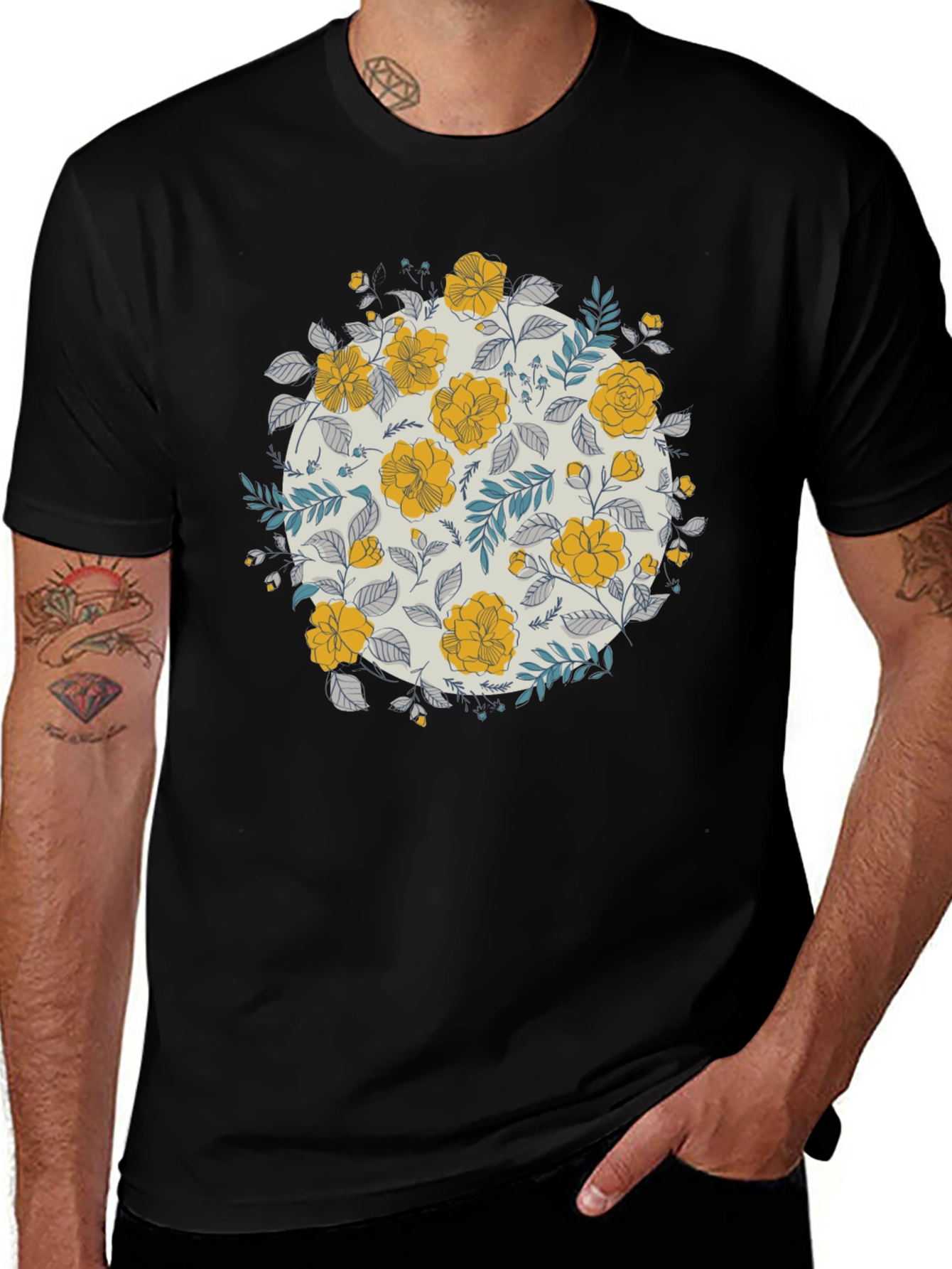 Floral Graphic Print Black T-Shirt