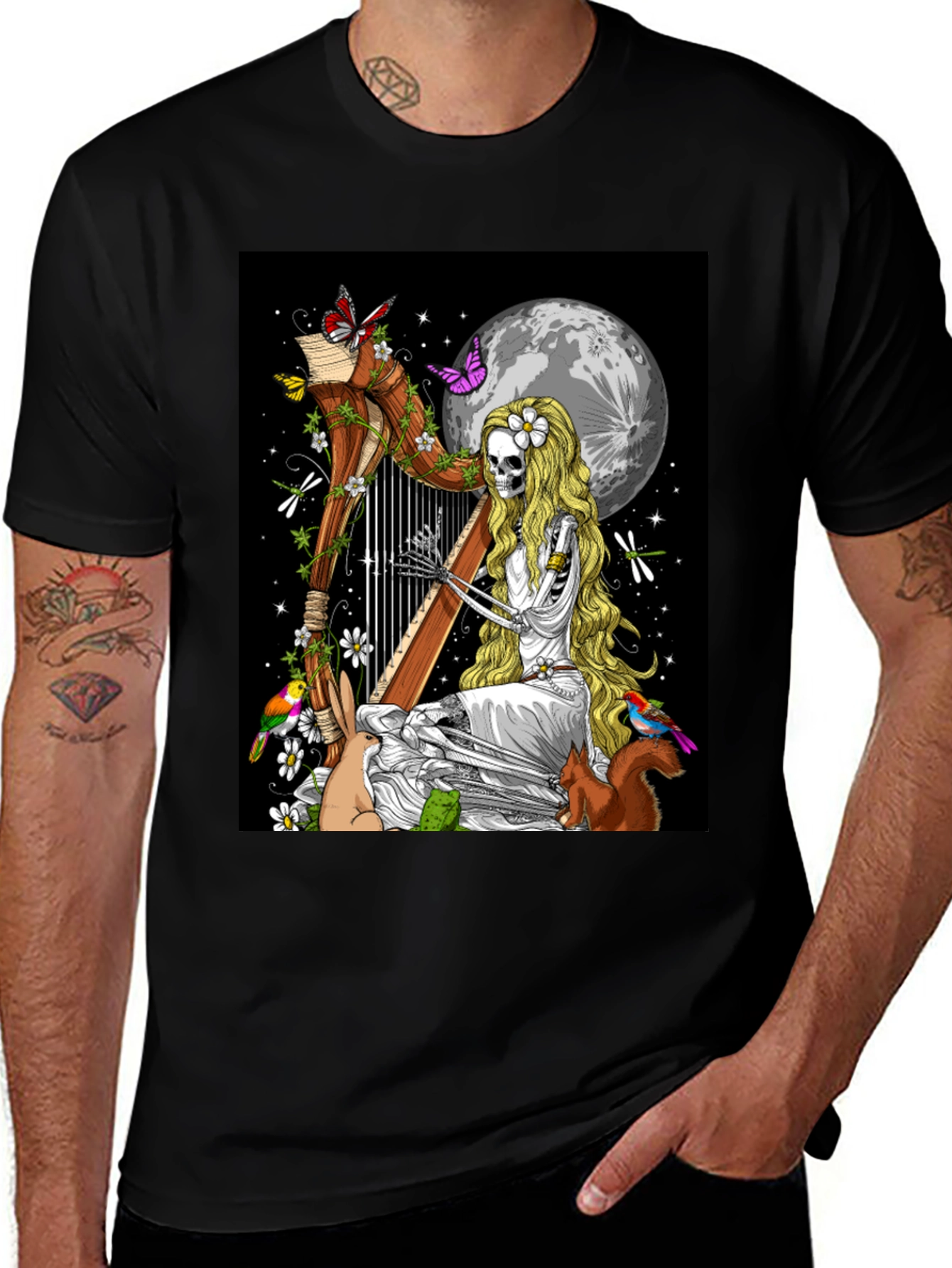 Variant 28 of Skeleton Harpist T-Shirt: Moonlit Fantasy Tee