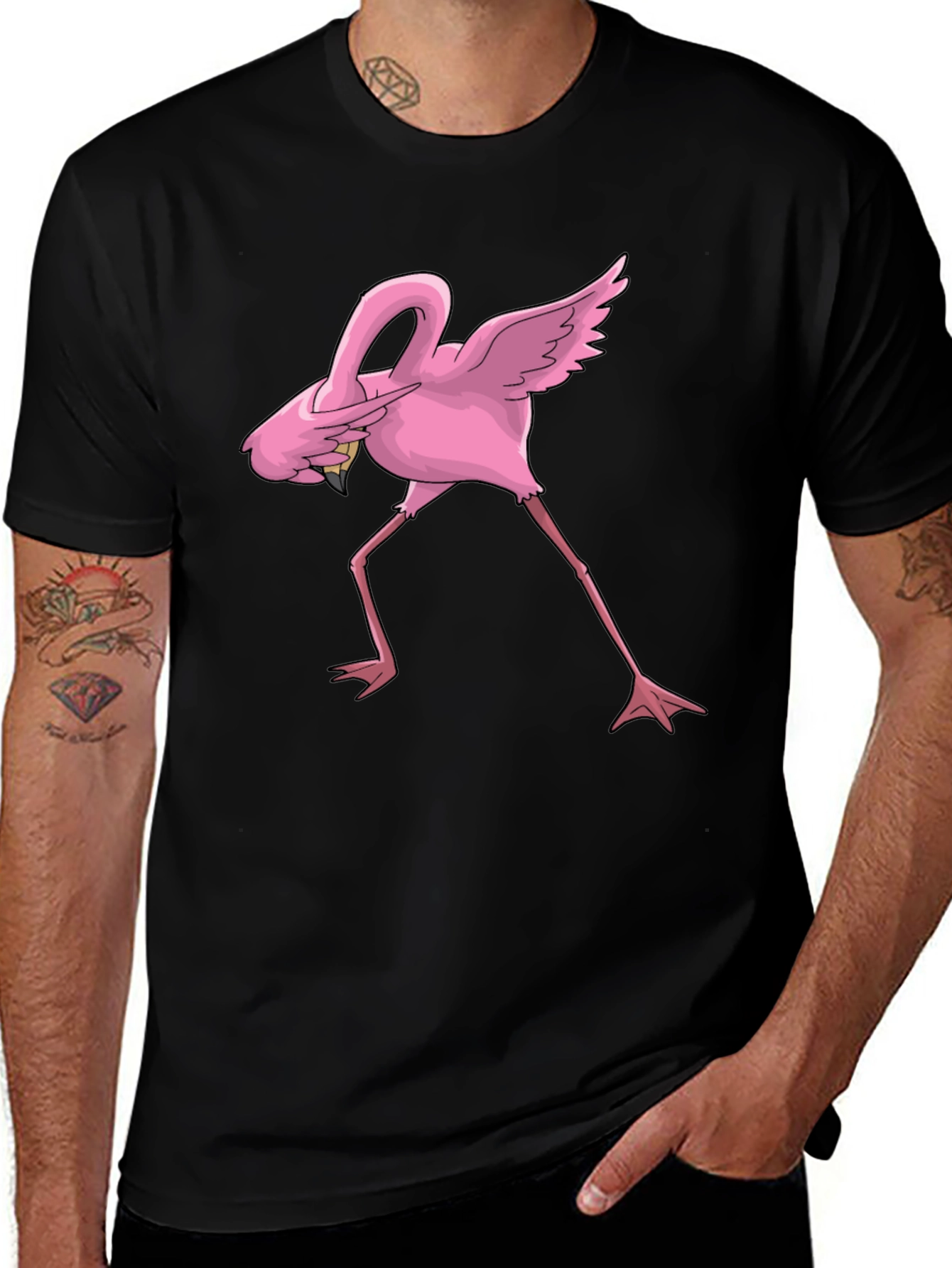 Black Dabbing Flamingo Graphic Tee - Black Cotton Blend main image
