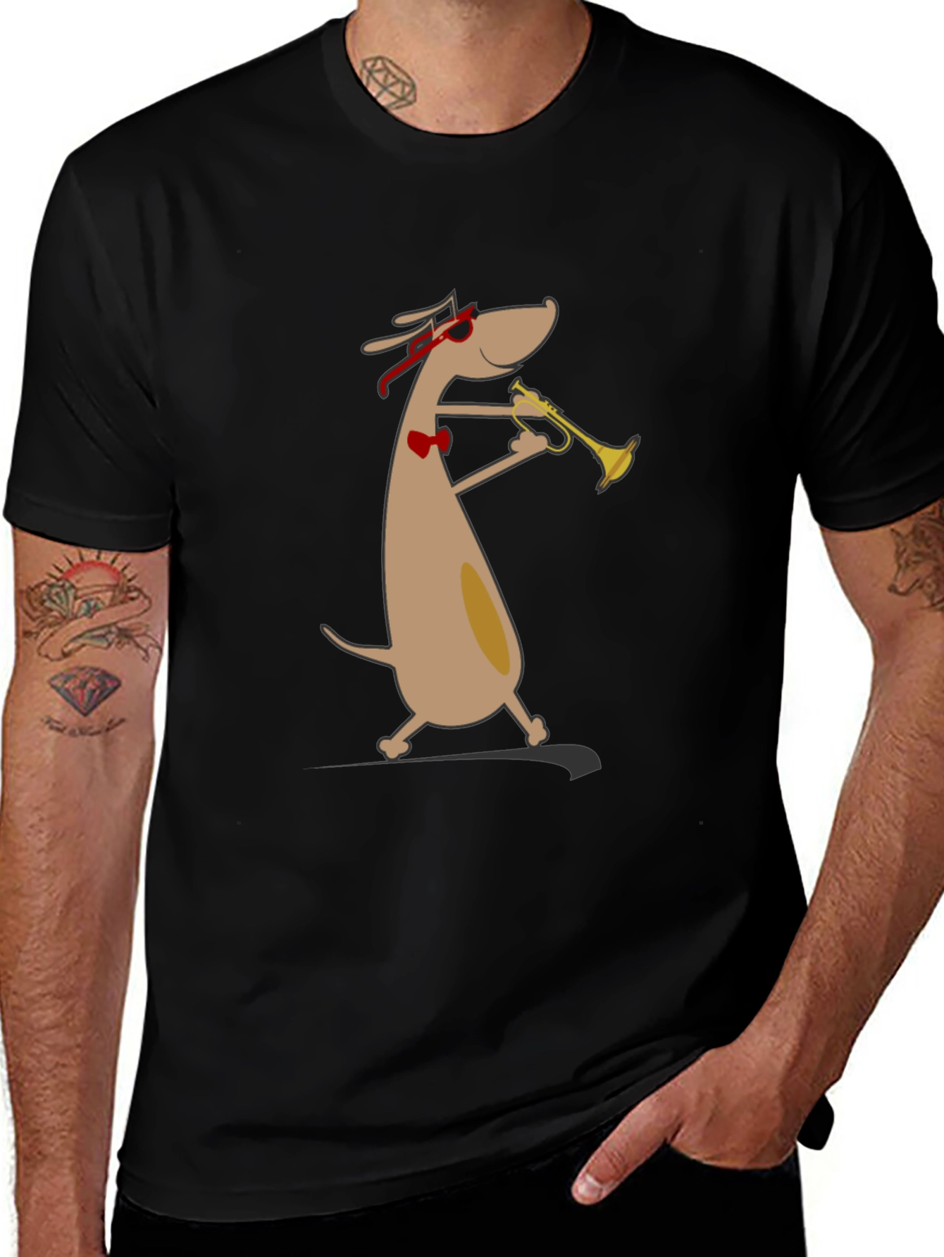 Variant 2 of Cool Dog Trumpet Player Graphic Tee - Black Cotton Shirt