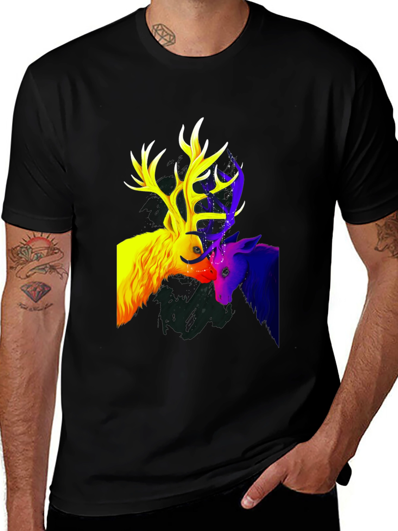 Variant 20 of Colorful Deer Graphic Tee - Stylish Men's Black T-Shirt