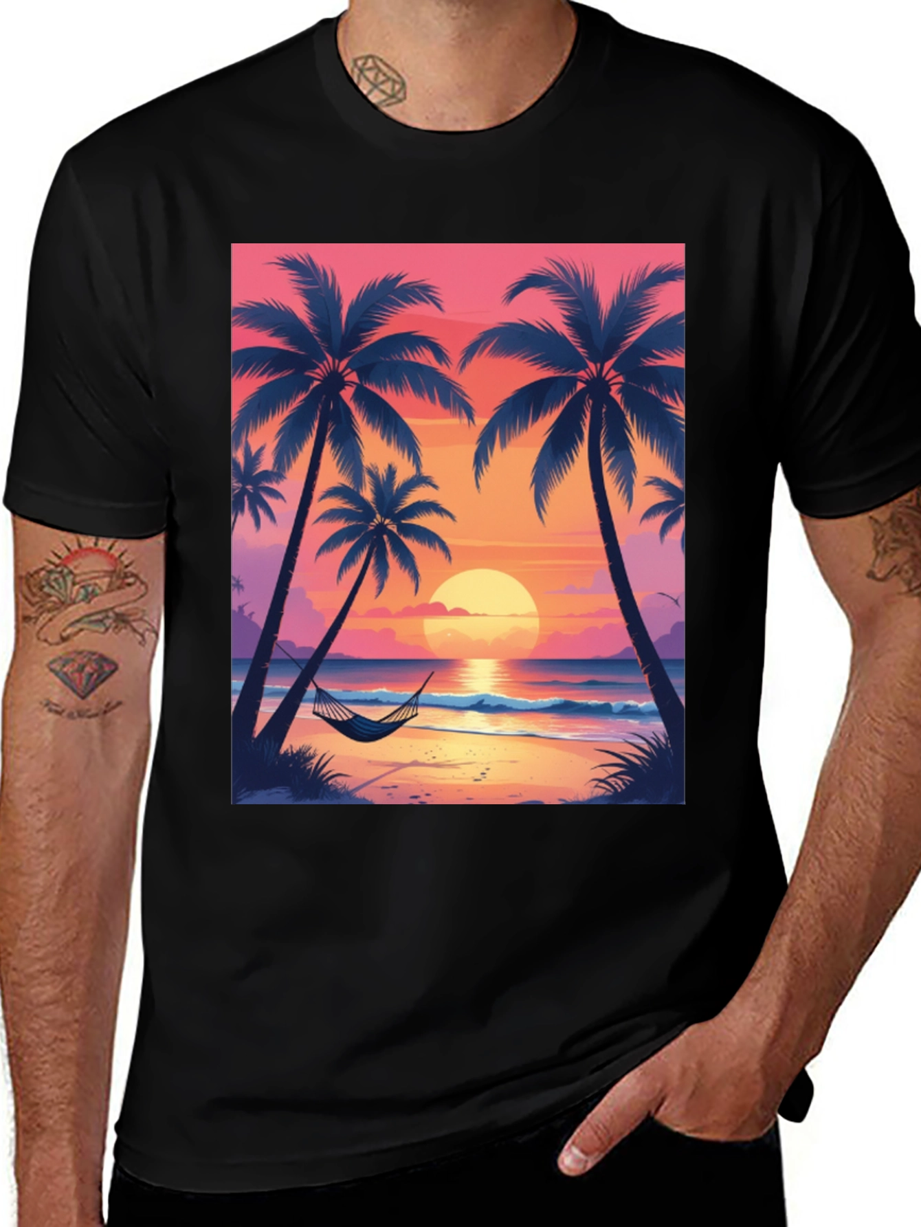 Variant 8 of Sunset Beach Palm Tree Graphic Tee - Relaxed Fit