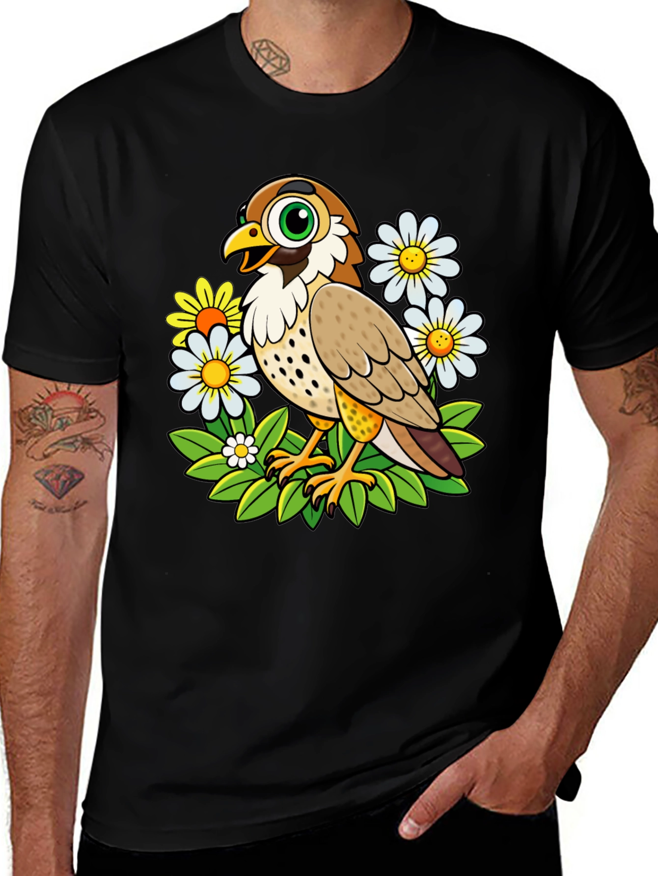 Variant 2 of Cartoon Bird and Flower Graphic T-Shirt