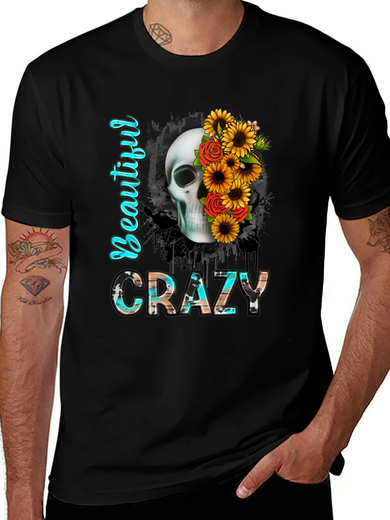 Variant 7 of Beautiful Crazy Skull & Flowers Graphic Tee