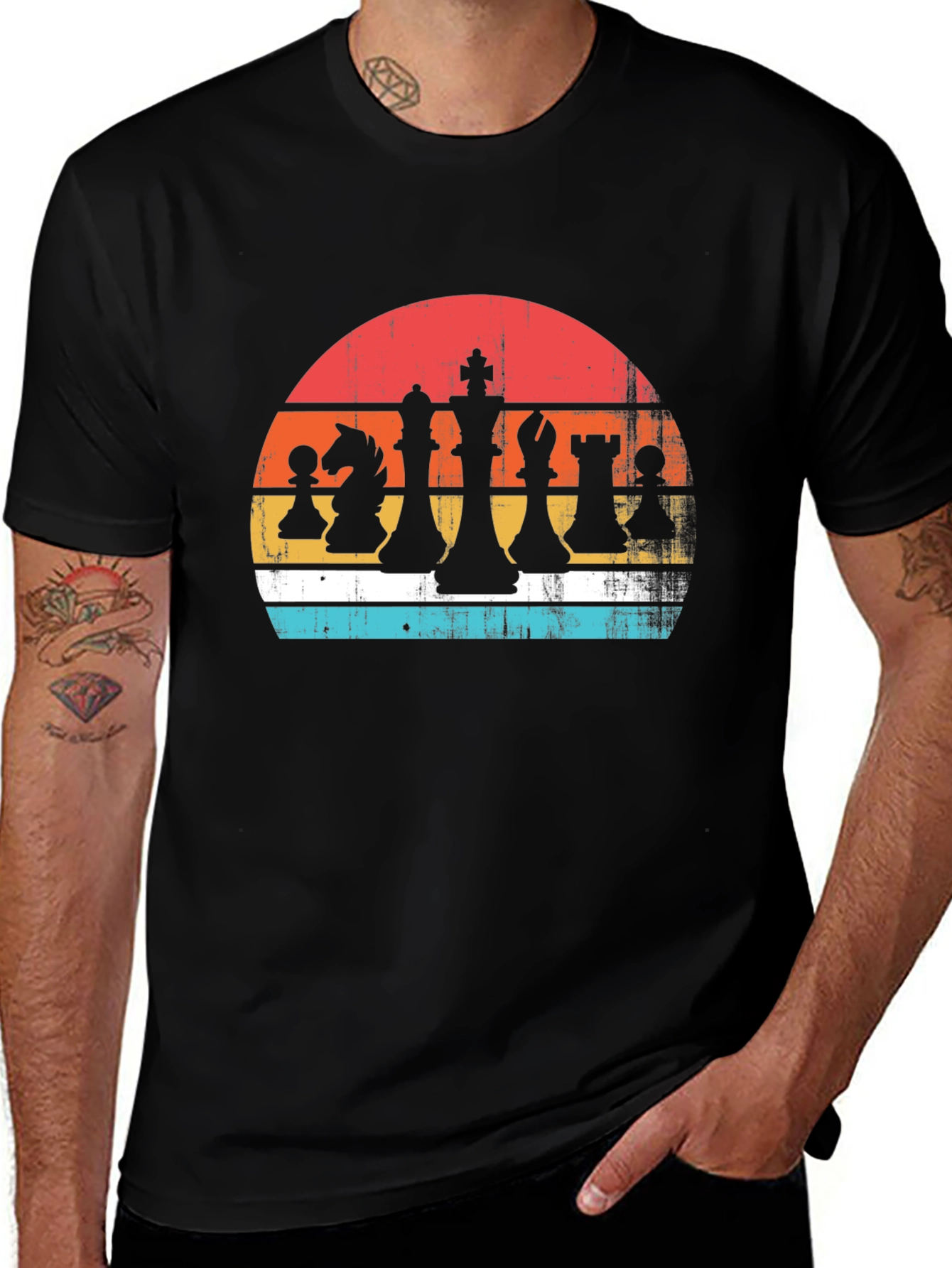 Variant 6 of Retro Chess Piece Sunset Graphic Tee - Classic Board Game Style