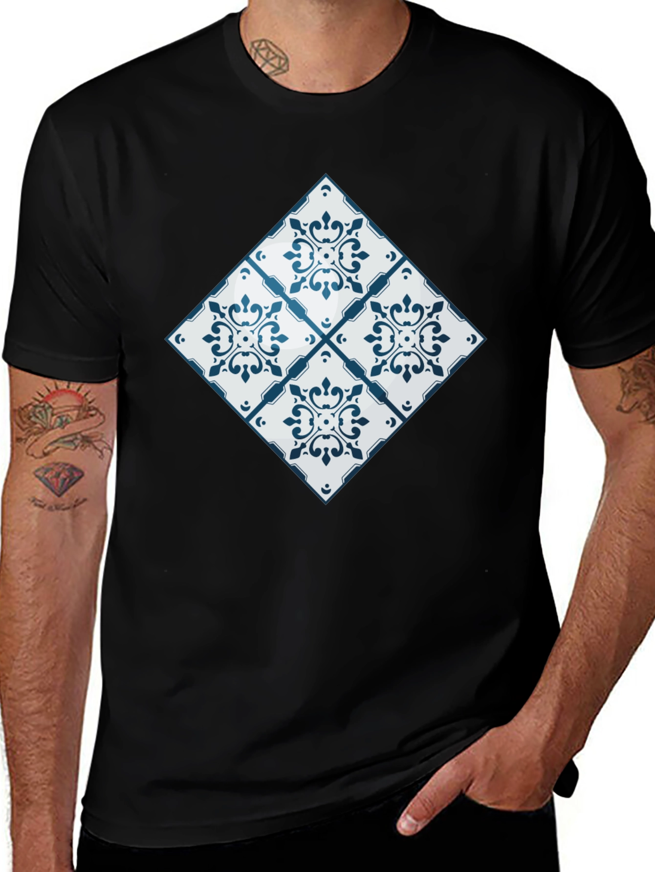 Variant 6 of Azulejo Tile Pattern Black T-Shirt