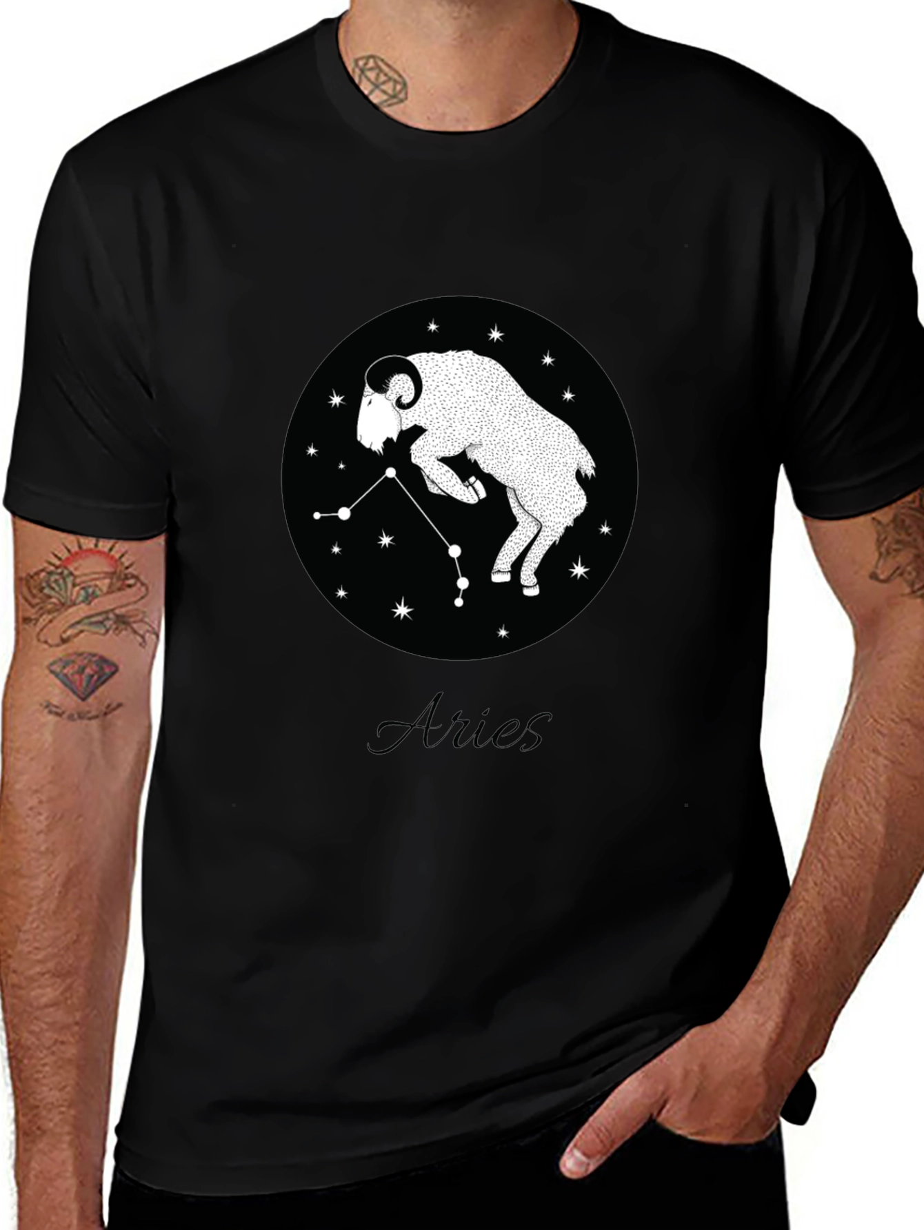 Aries Zodiac Constellation Graphic Tee - Black Cotton