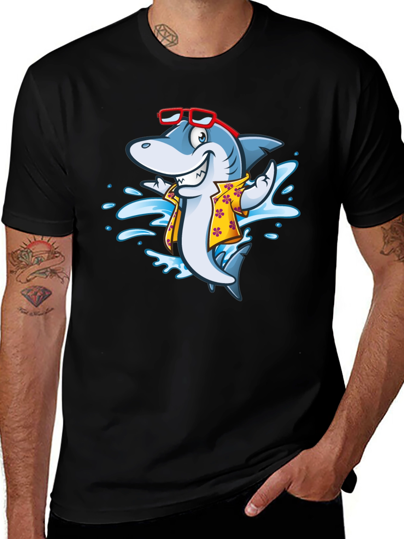 Variant 20 of Cool Cartoon Shark Aloha Shirt Black Tee