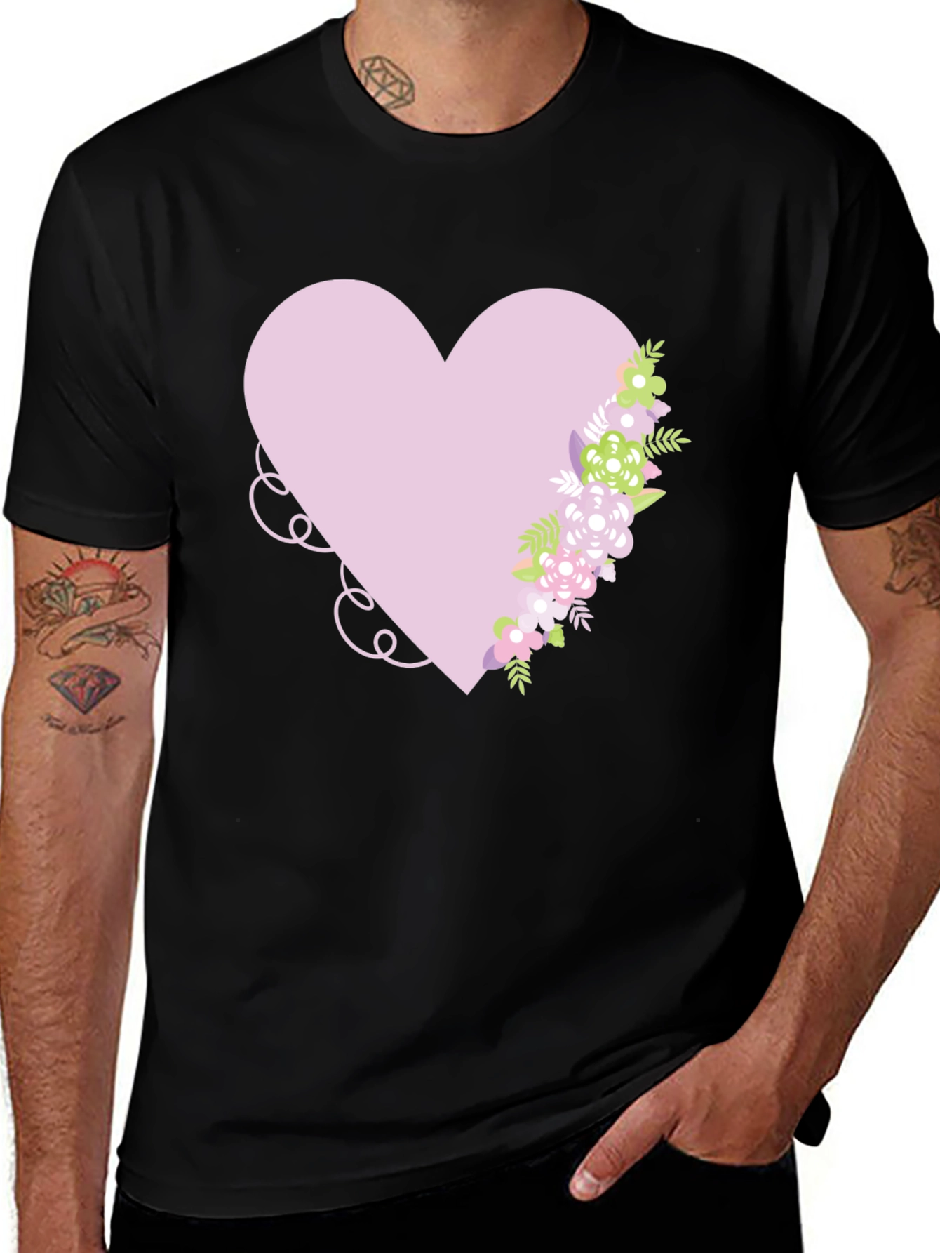 Variant 13 of Floral Heart Graphic T-Shirt - Men's Black Tee