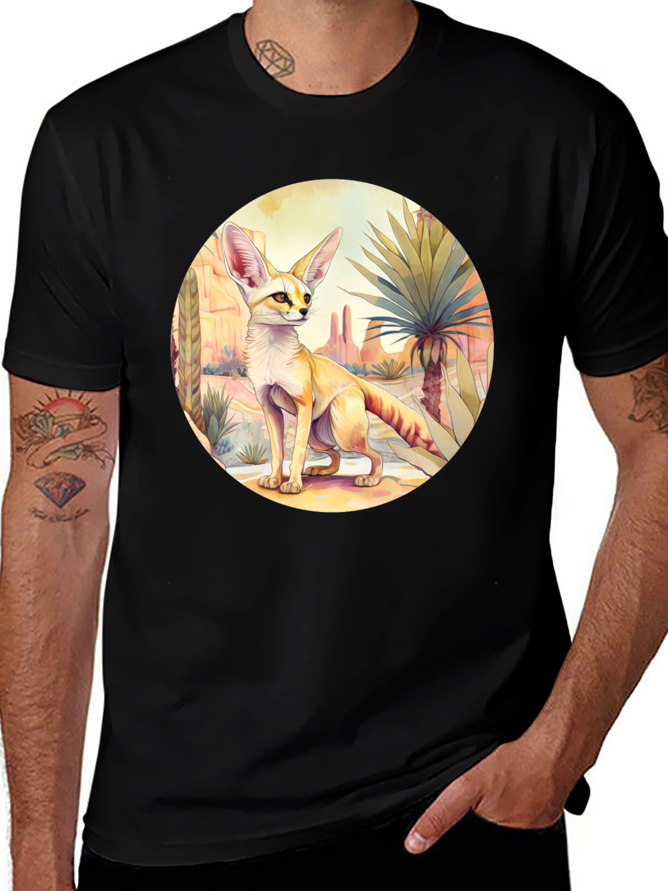 Fennec Fox Desert Scene Graphic Tee - Black Cotton Casual Shirt