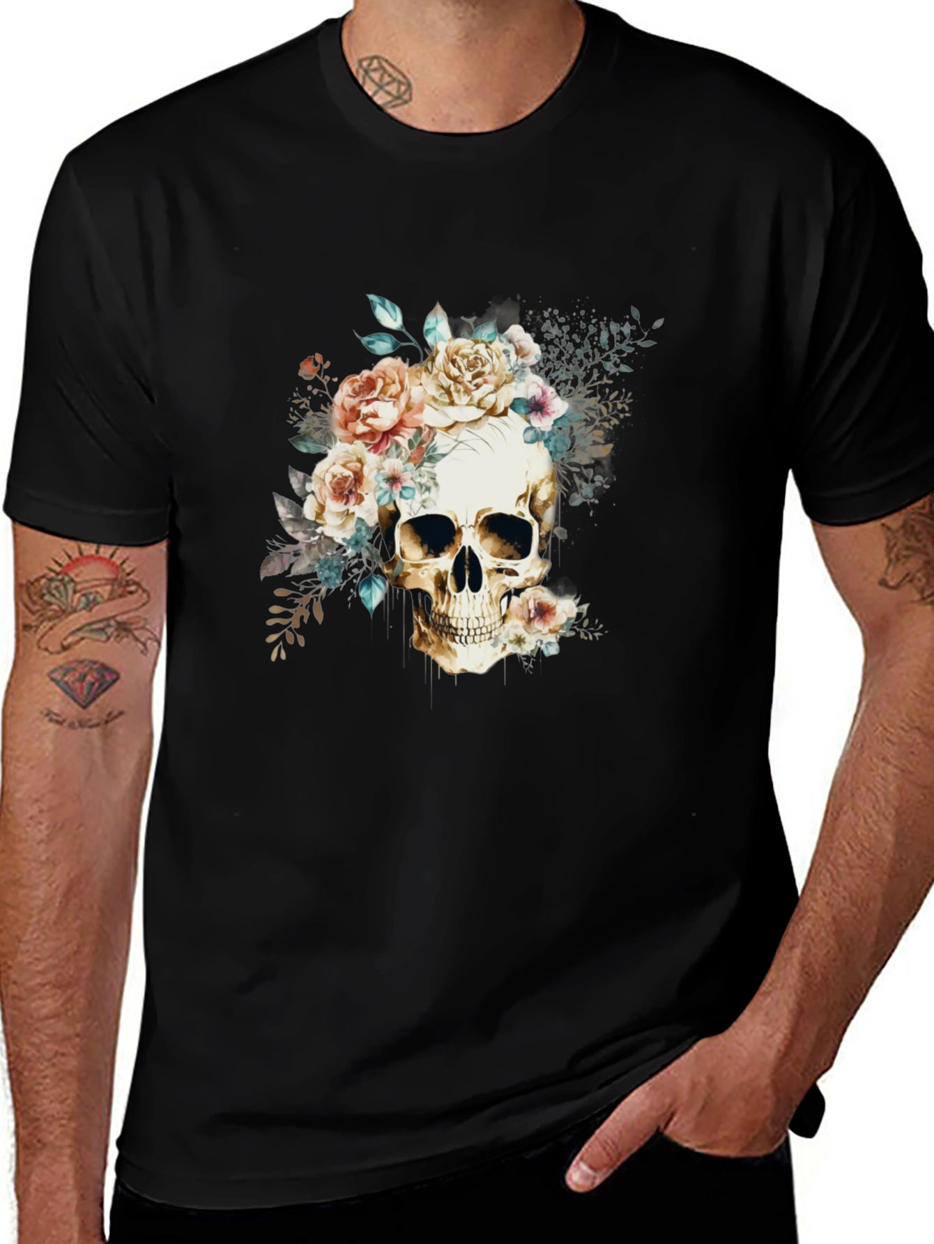 Variant 6 of Floral Skull Graphic Tee - Stylish Men's Black T-Shirt