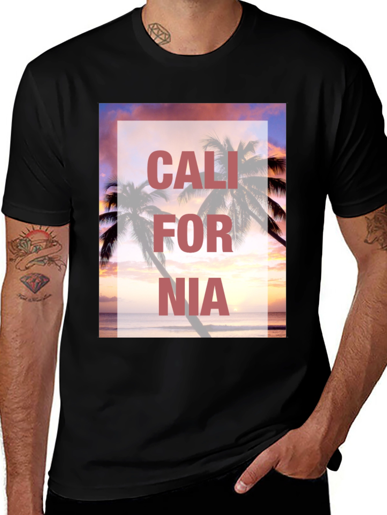 California Palm Tree Sunset Black T-Shirt