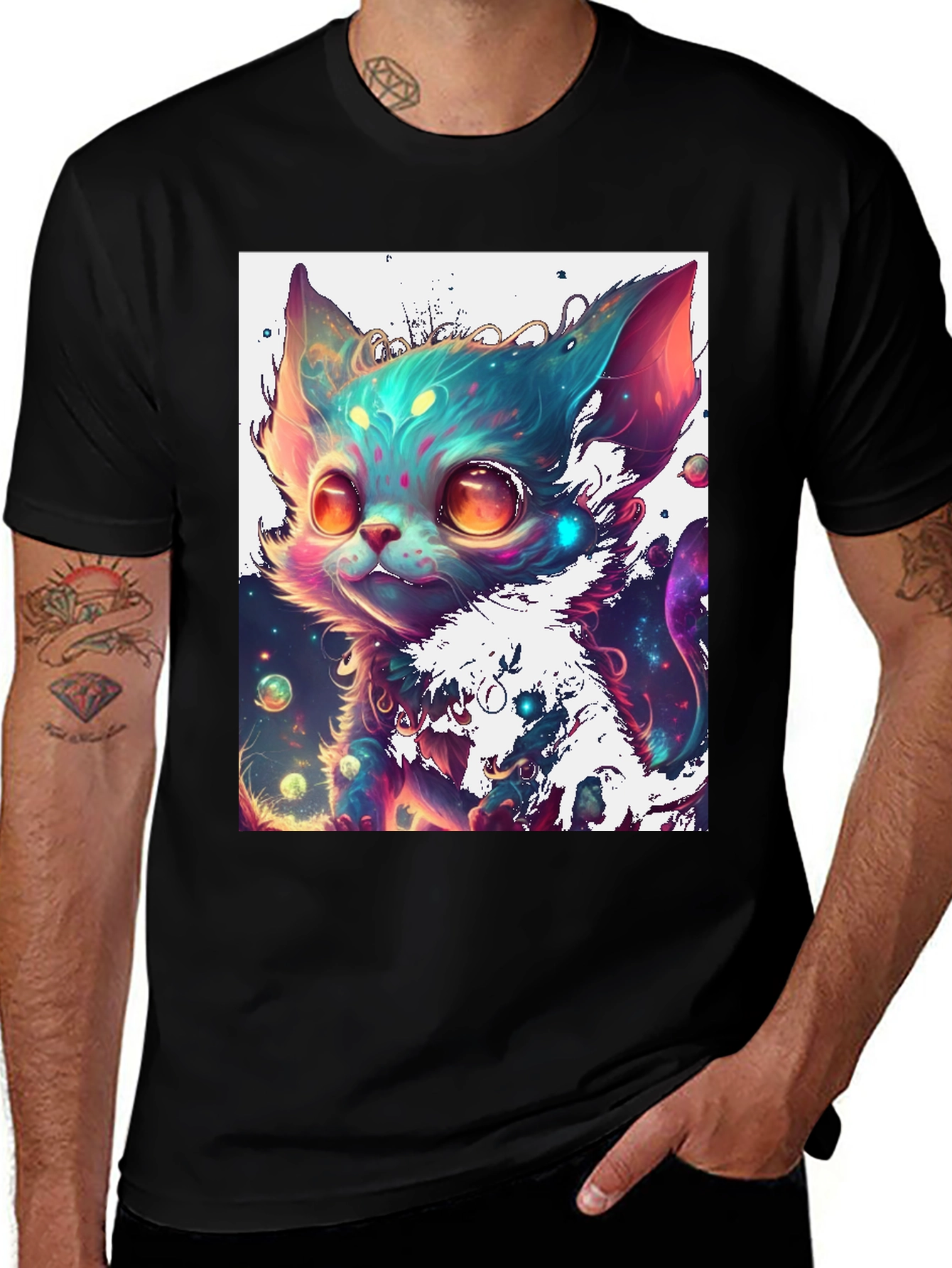 Variant 28 of Cosmic Kitten Graphic Tee - Black Cotton Blend