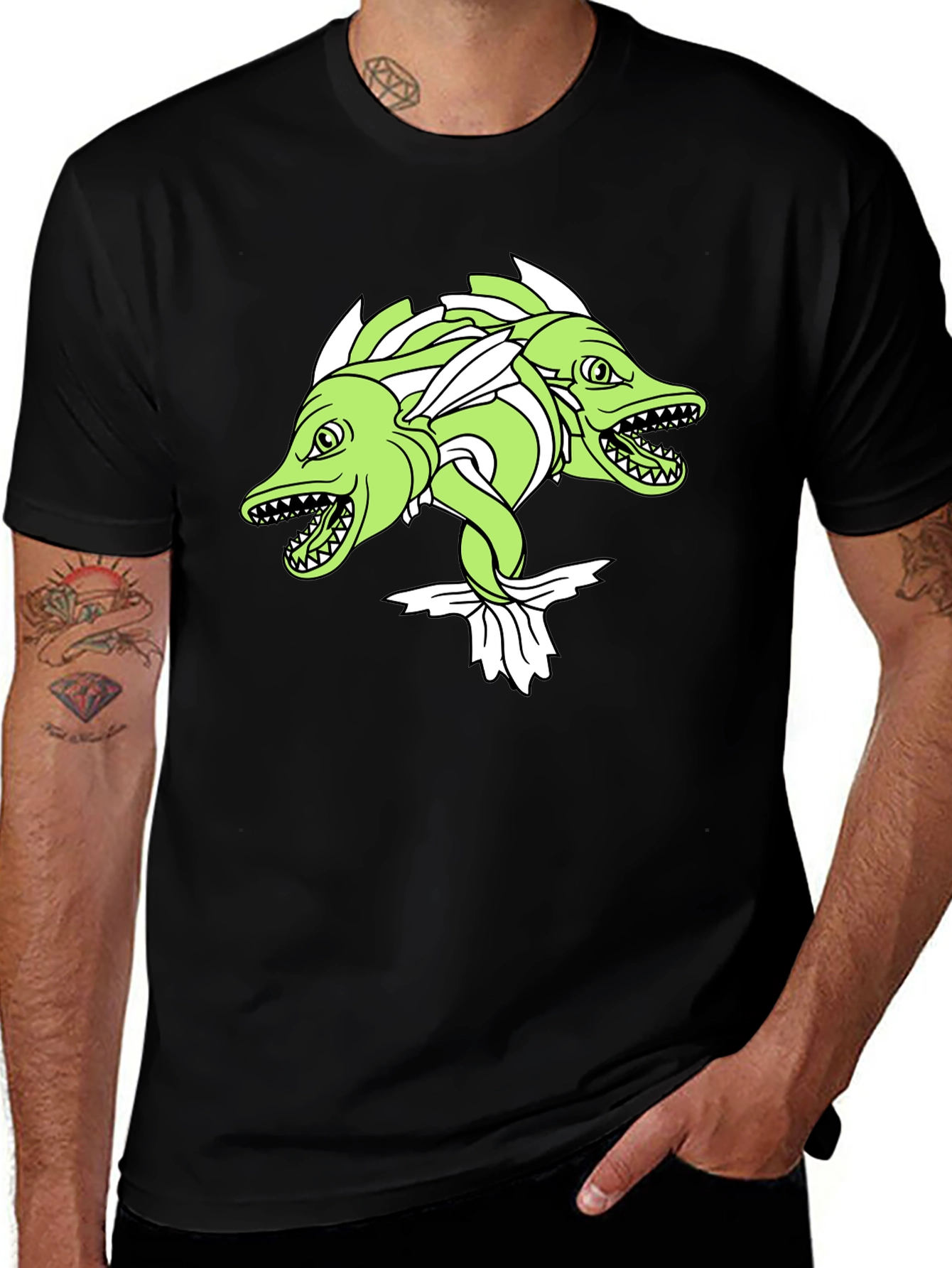 Variant 11 of Two-Headed Fish Graphic Tee - Black