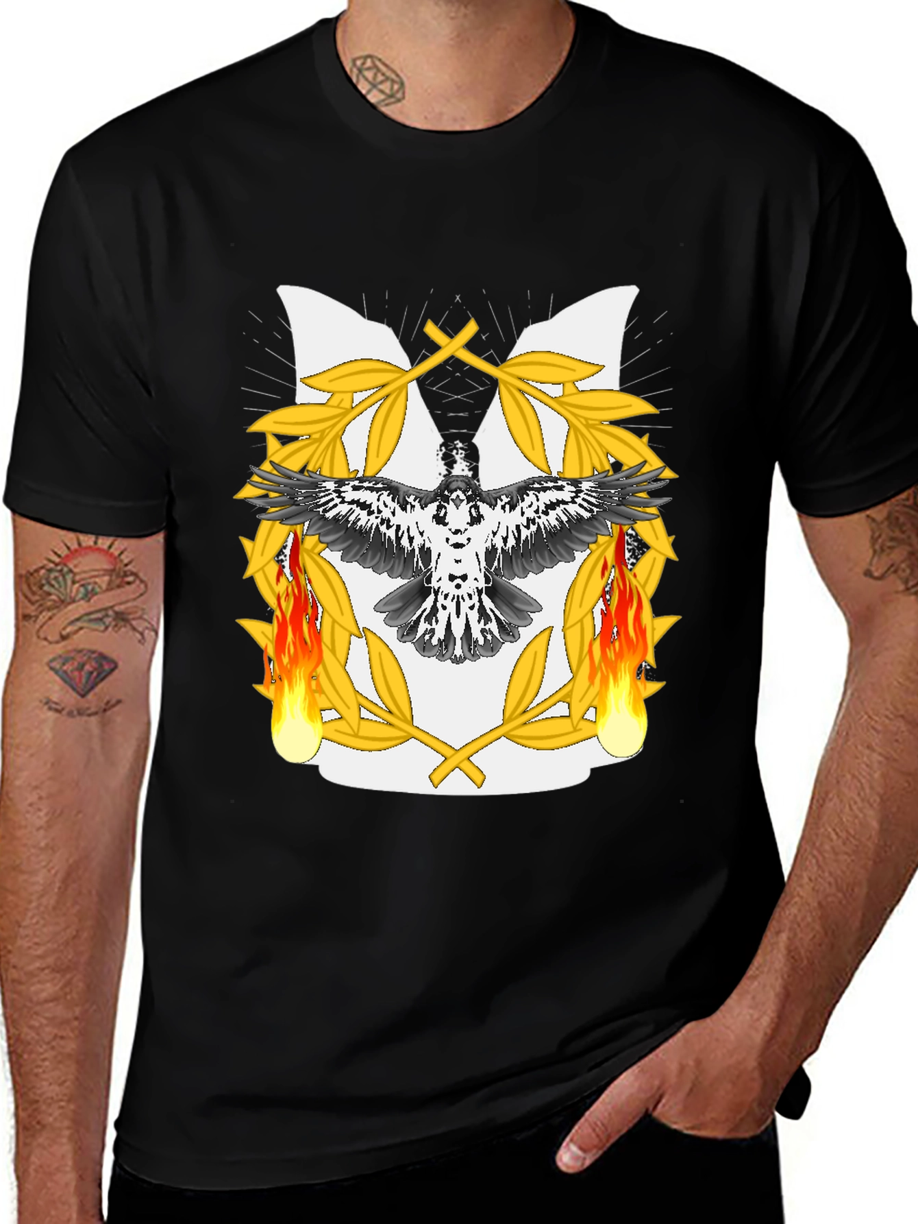 Variant 29 of Black T-Shirt with Heraldic Bird Crest Design