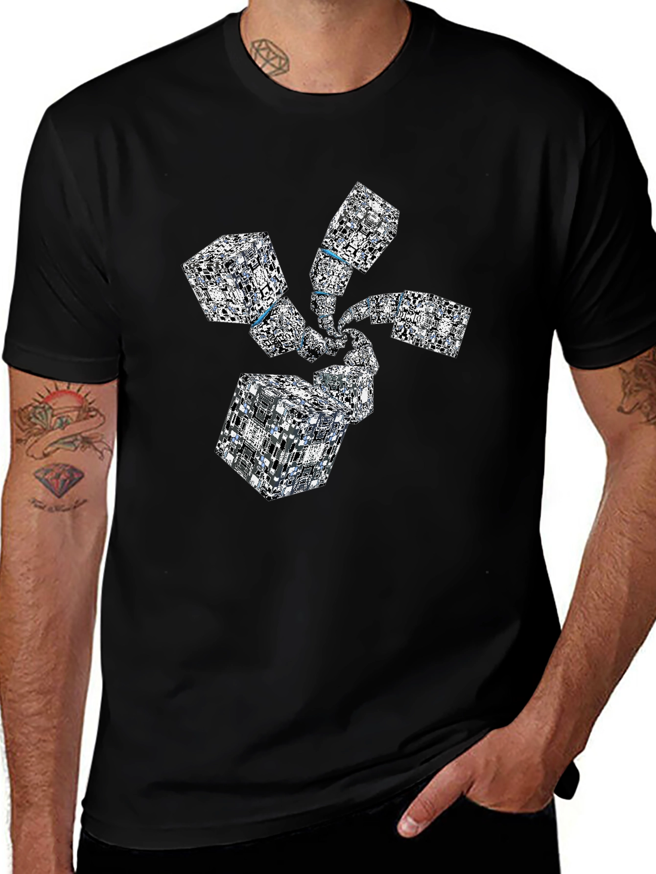 Variant 18 of Abstract Geometric Cube Spiral Black T-Shirt