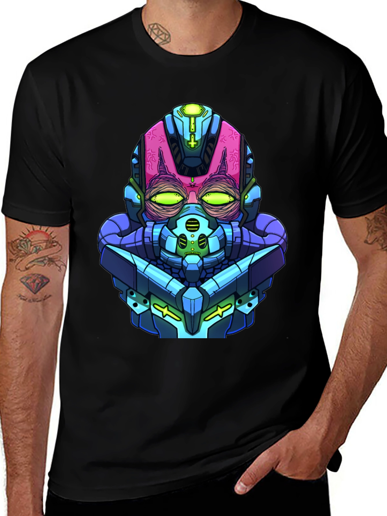 Variant 3 of Cyberpunk Robot Head Graphic Tee - Black Cotton Blend