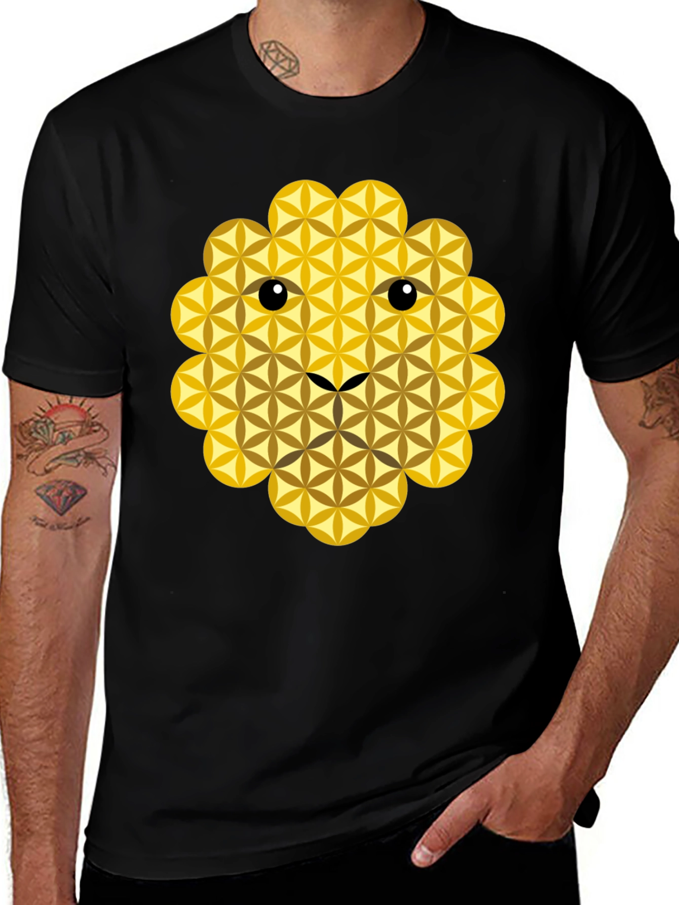 Variant 5 of Geometric Flower of Life Lion Face Black T-Shirt