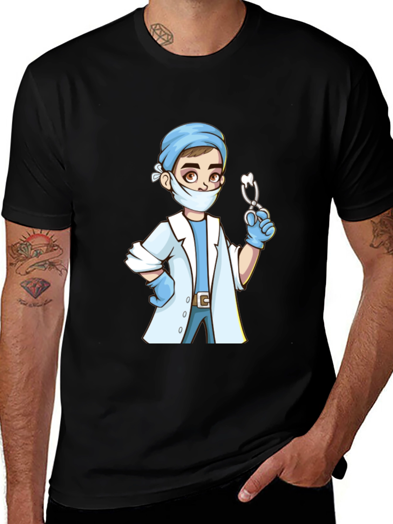 Variant 3 of Cartoon Doctor Graphic Print Black T-Shirt