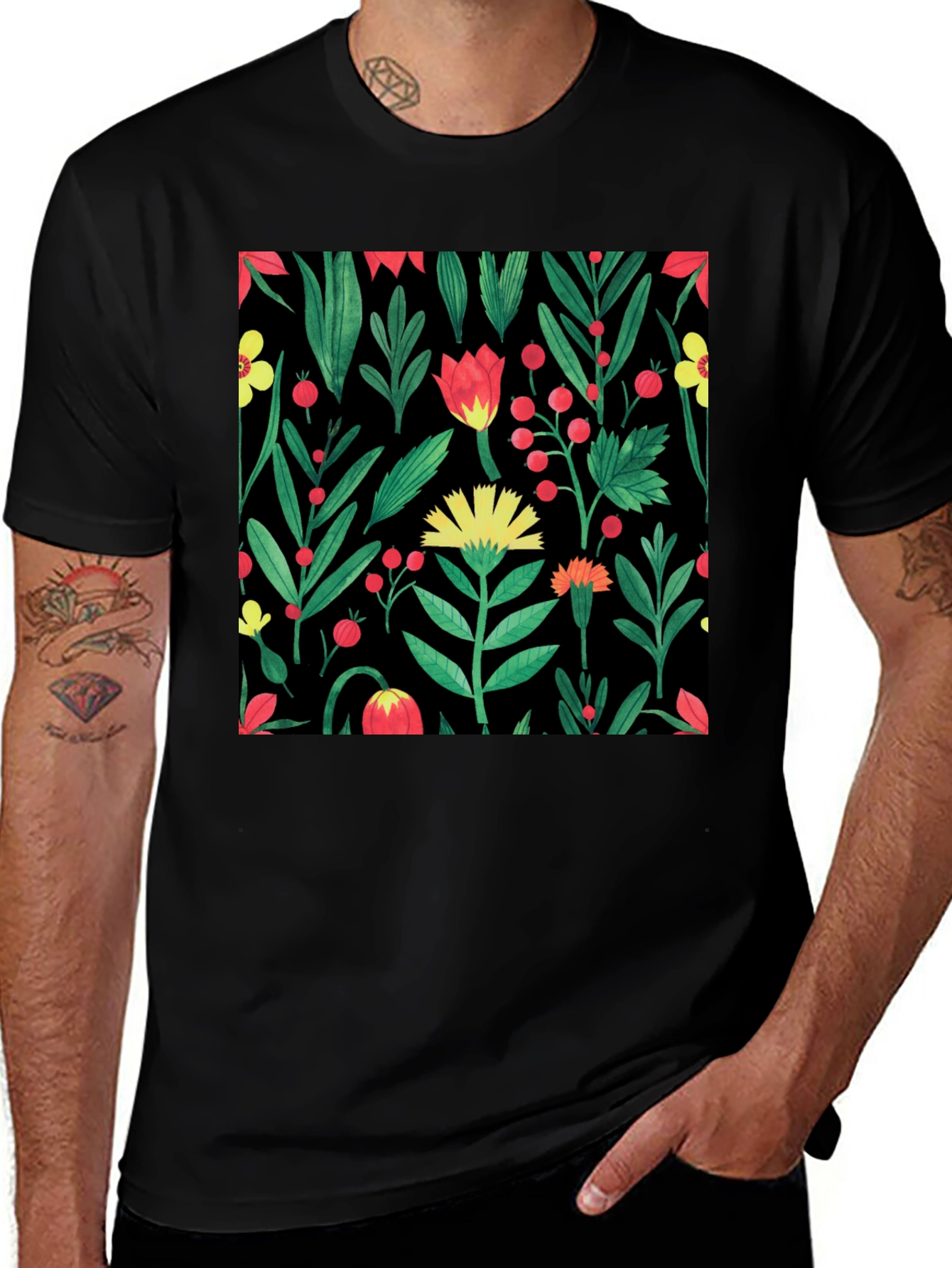 Variant 30 of Floral Print Crew Neck T-Shirt - Black