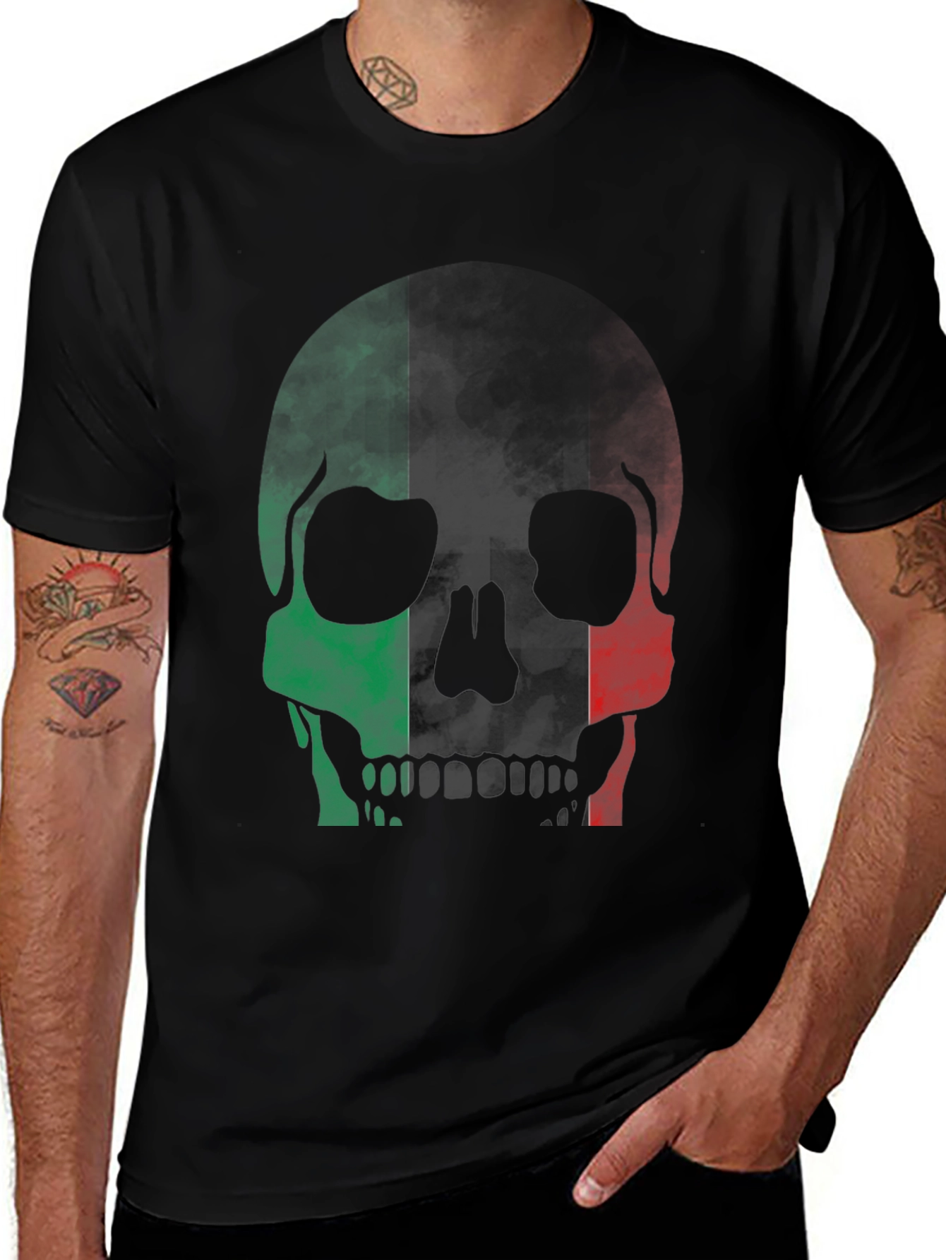 Italian Flag Skull Graphic Tee - Cool Casual Black T-Shirt