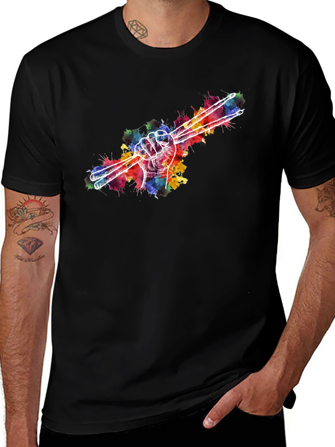 Black Drummer Hand Drumsticks Colorful T-Shirt main image