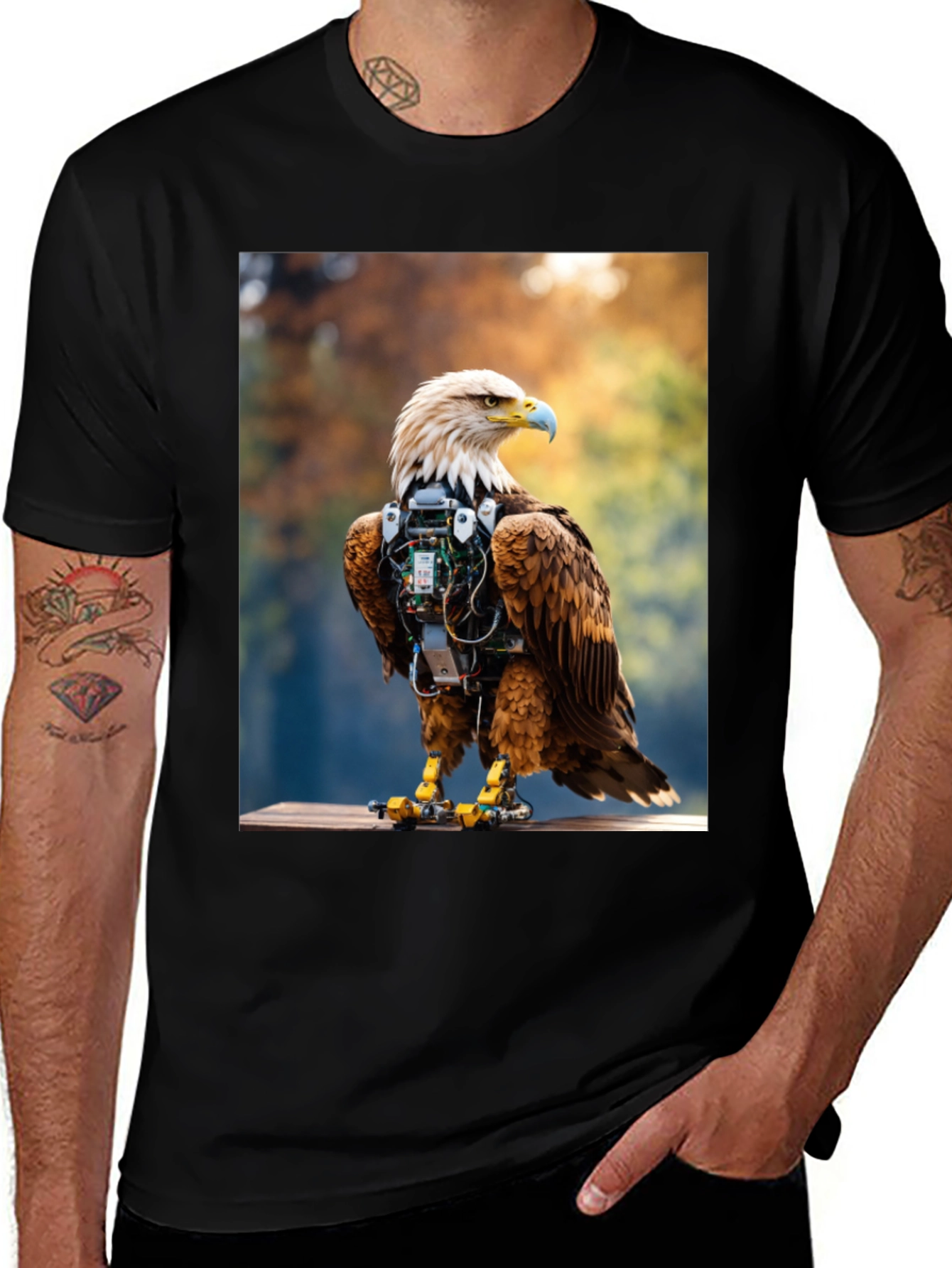 Variant 20 of Cybernetic Eagle Graphic Tee - Black Cotton