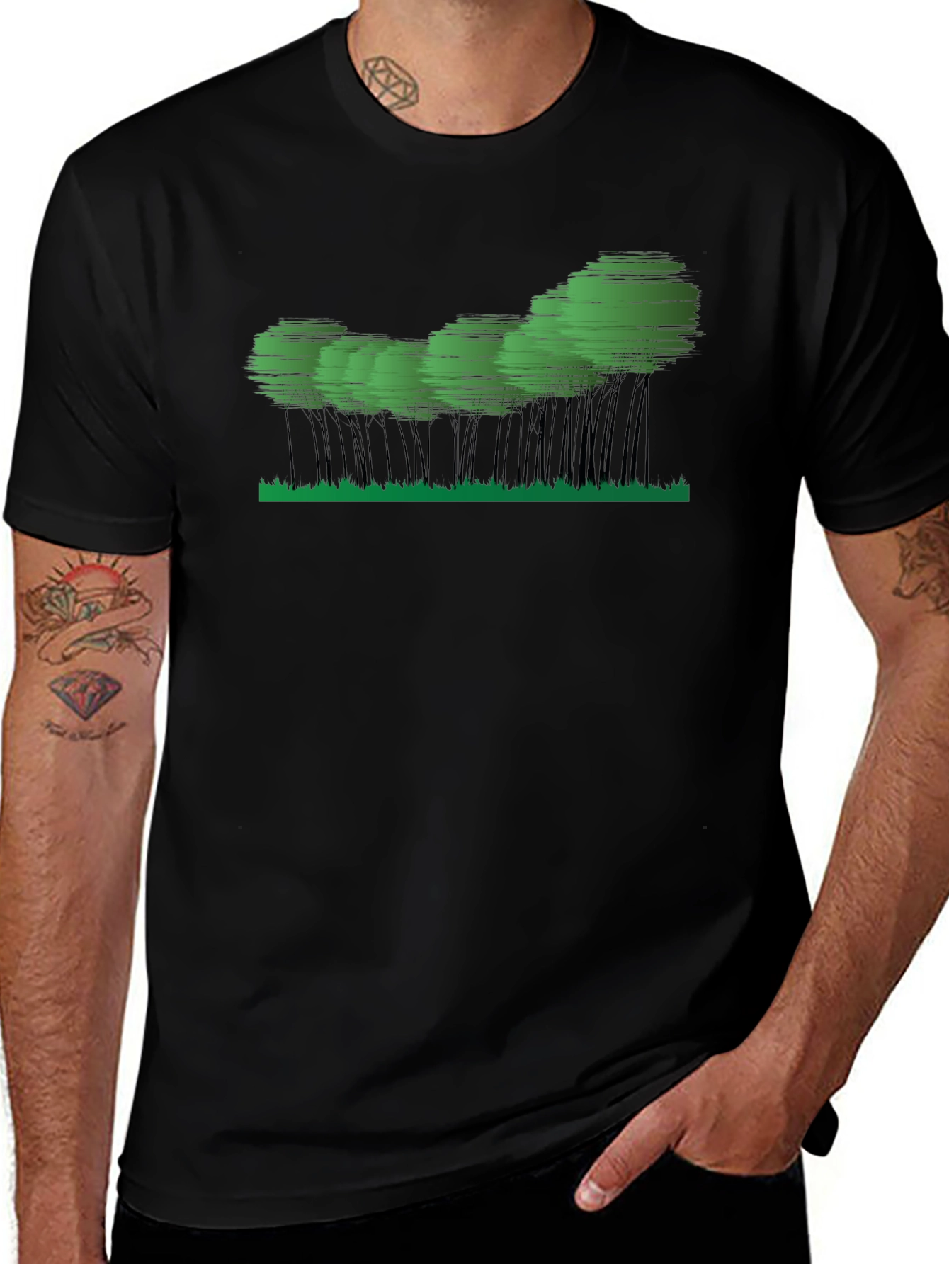 Variant 28 of Men's Black Graphic Tee - Abstract Forest Design