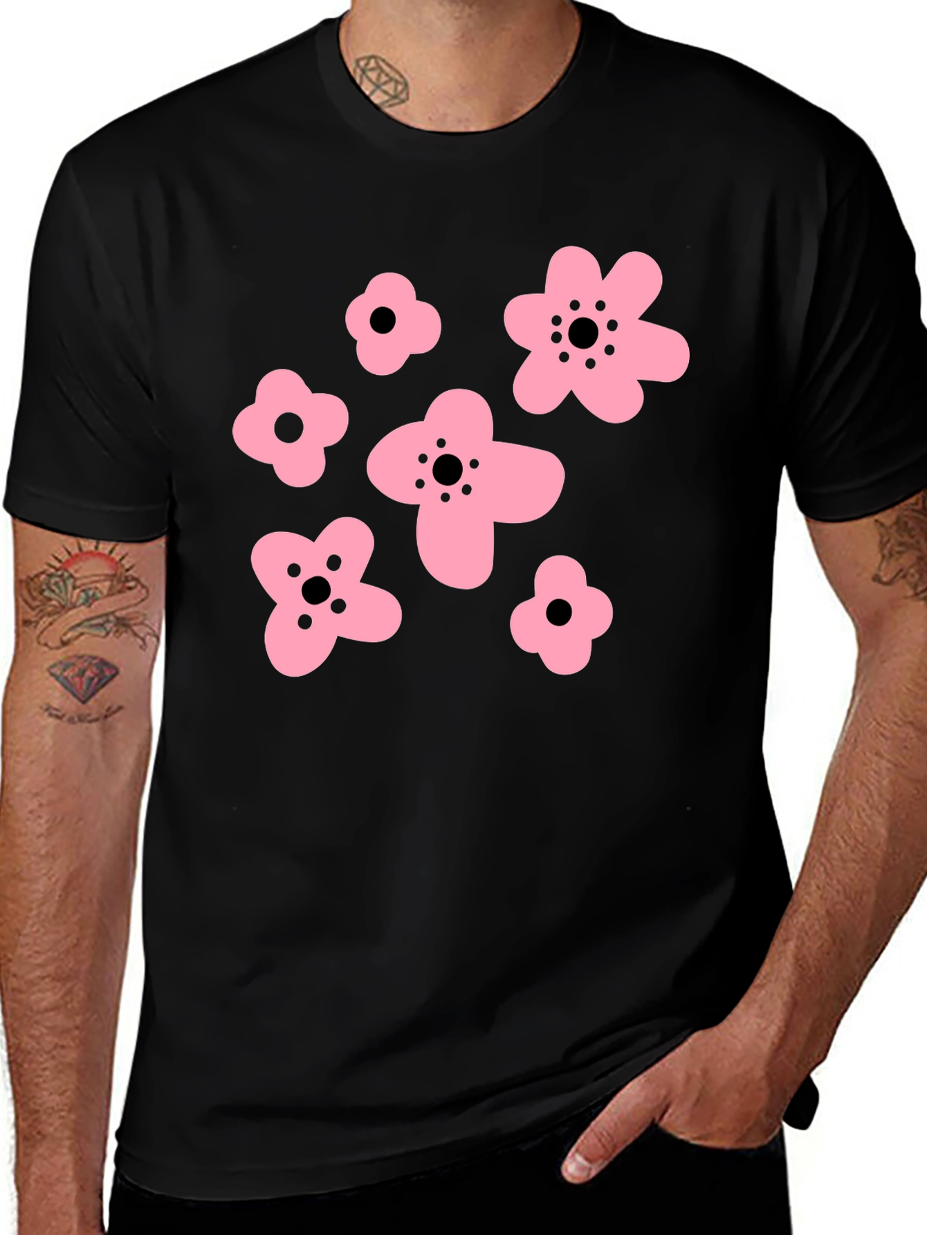 Variant 23 of Pink Floral Graphic Black T-Shirt