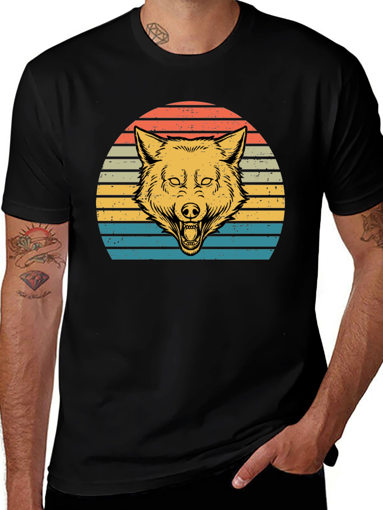 Variant 19 of Retro Wolf Sunset Graphic Tee - Black