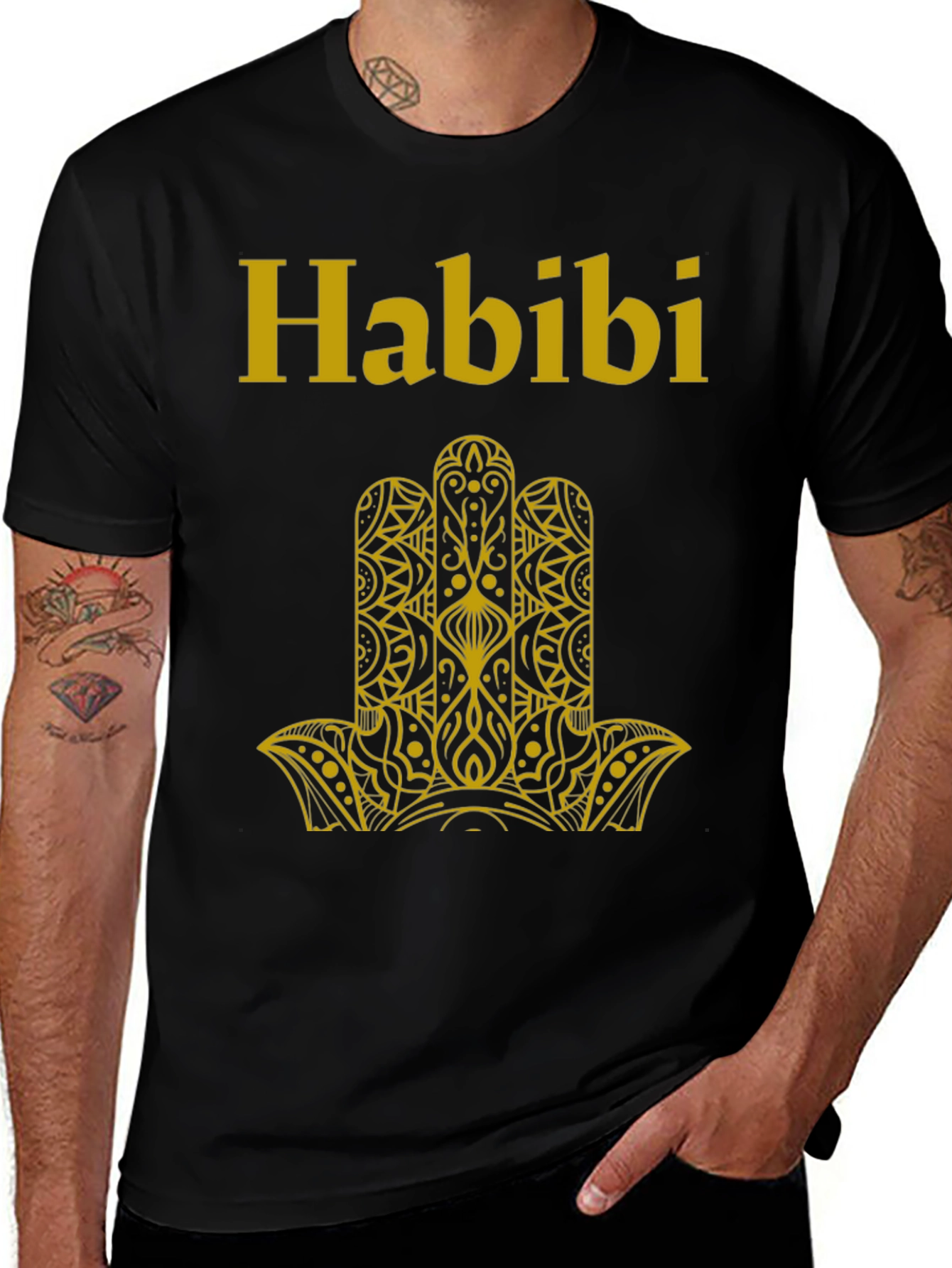 Variant 4 of Habibi T-Shirt Black with Gold Hamsa Design