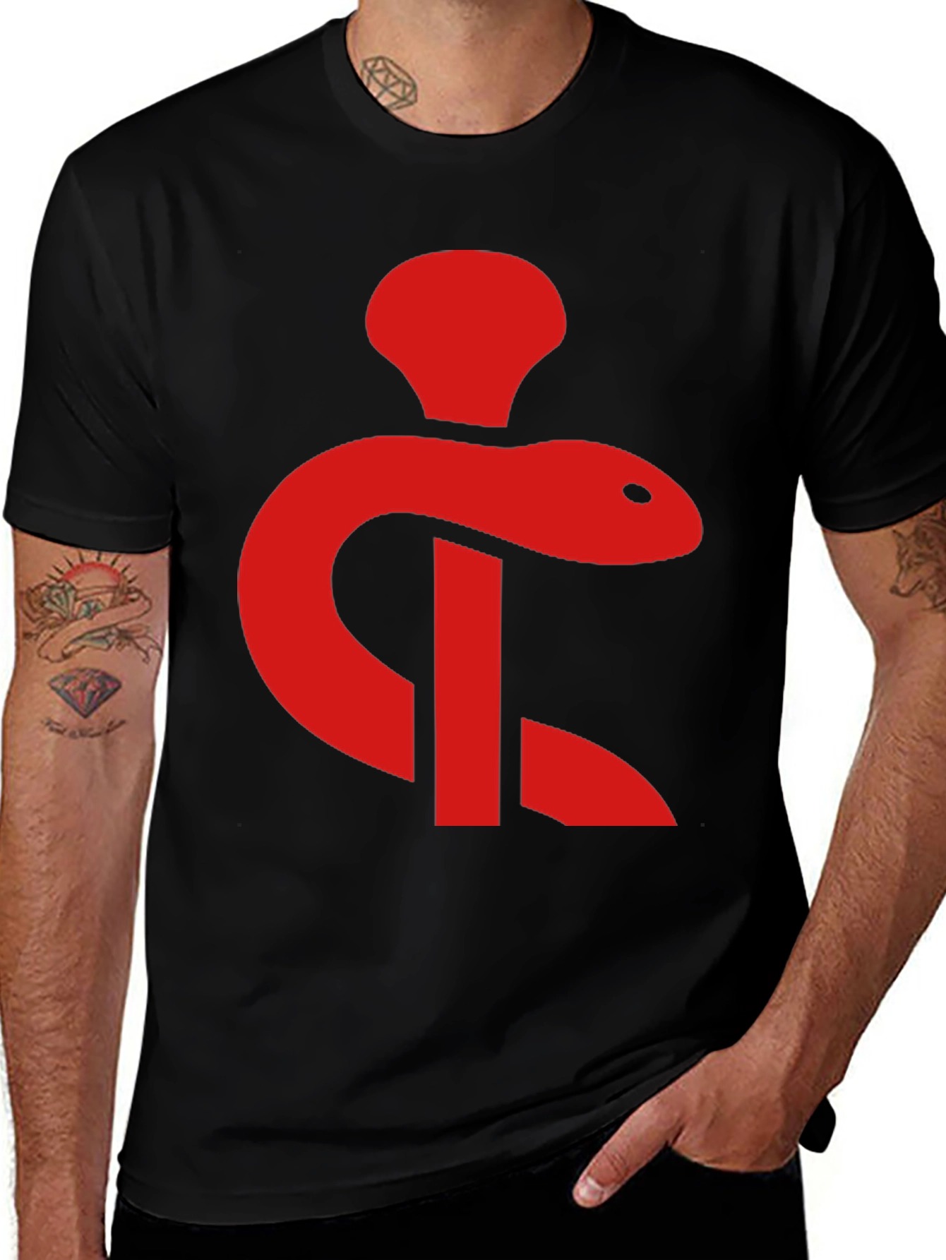 Variant 11 of Red Aesculapius Rod Design Black T-Shirt