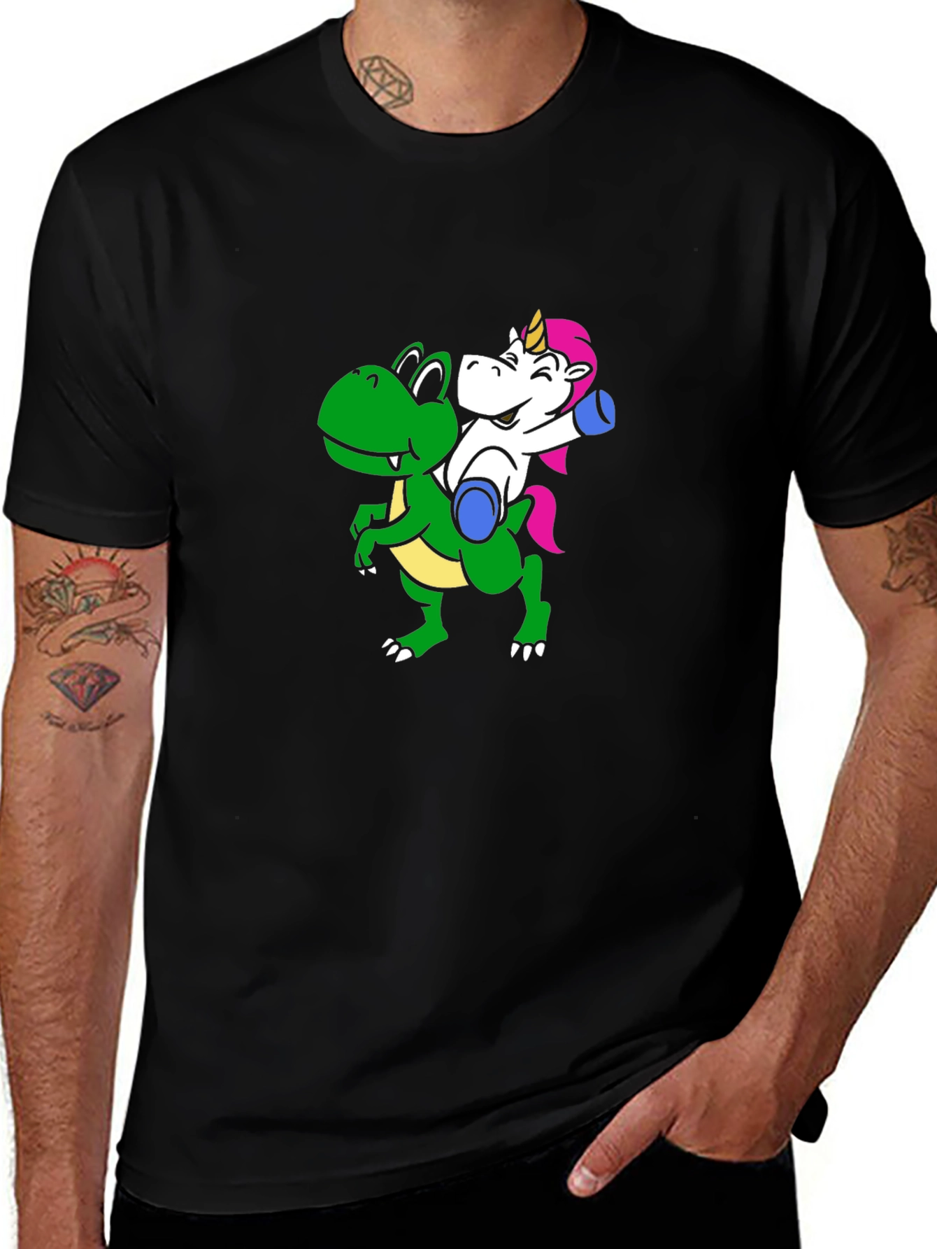 Variant 18 of Unicorn Riding Dinosaur Black T-Shirt