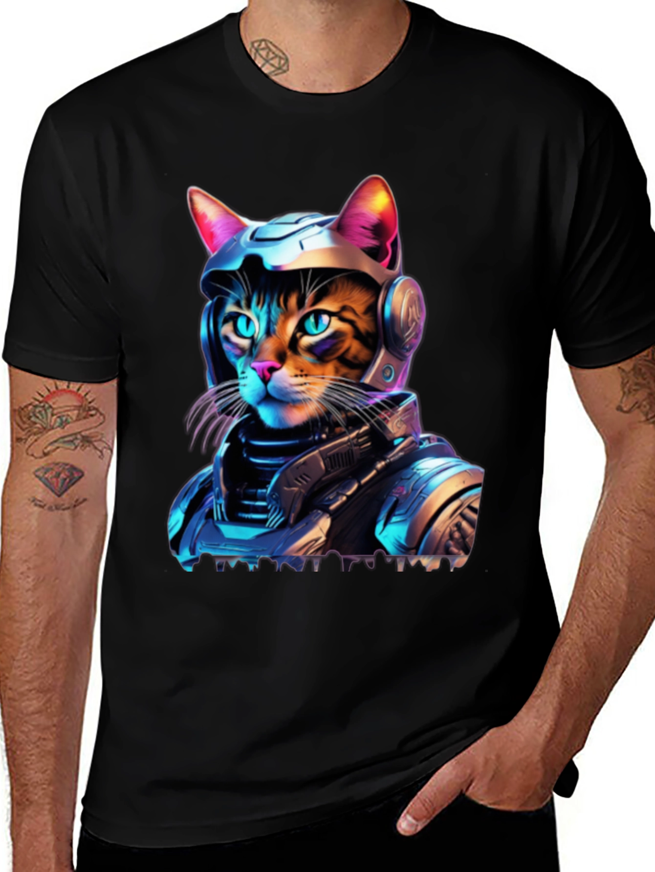 Variant 13 of Cyber Cat T-Shirt - Space Age Feline Design
