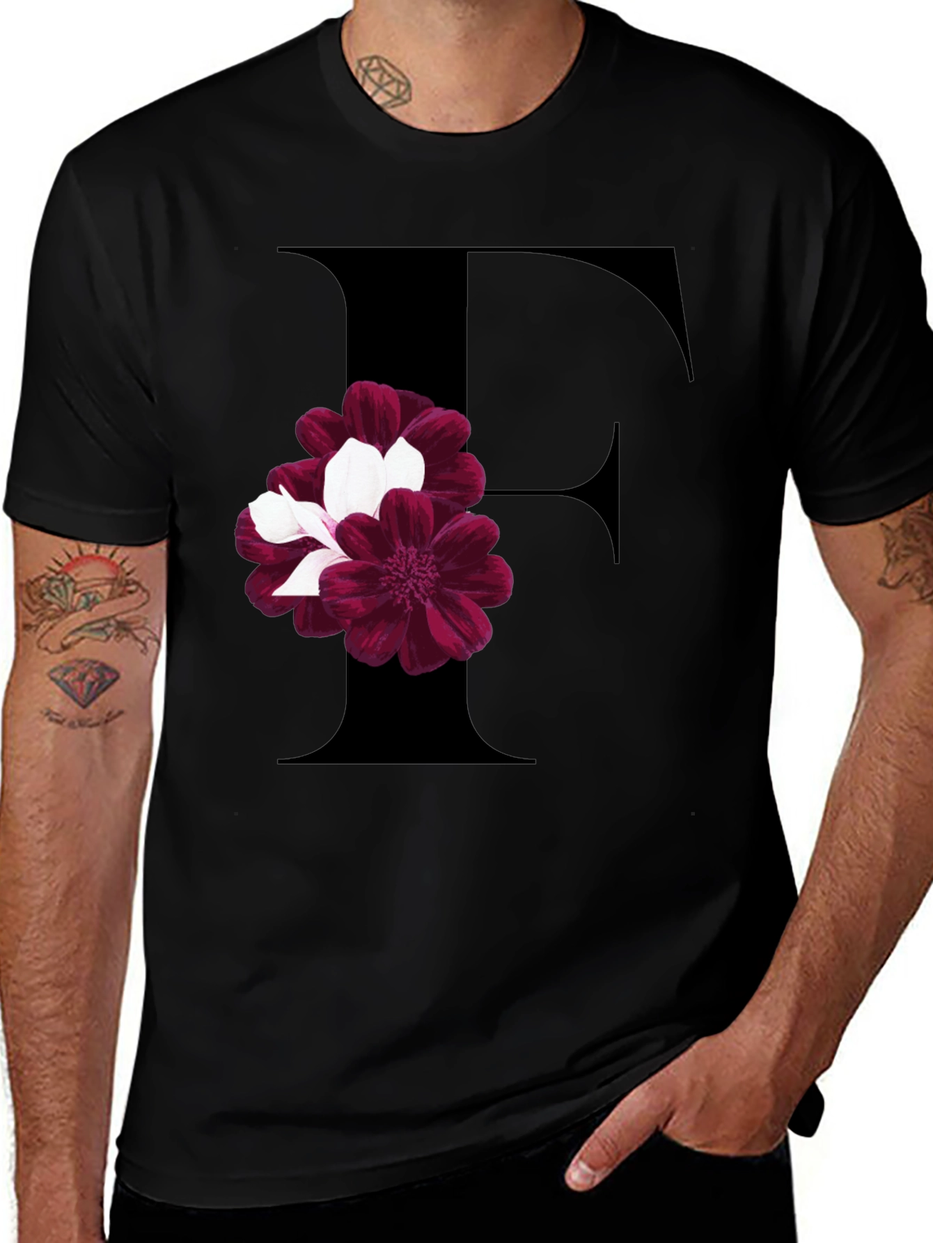 Floral Letter F Black T-Shirt