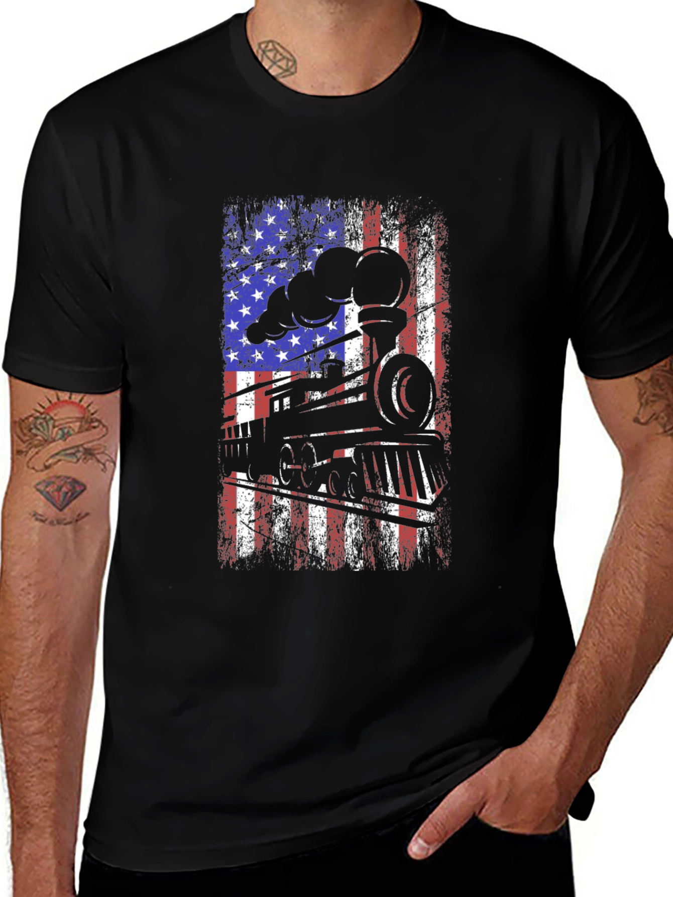 American Flag Train Graphic Tee - Patriotic Style