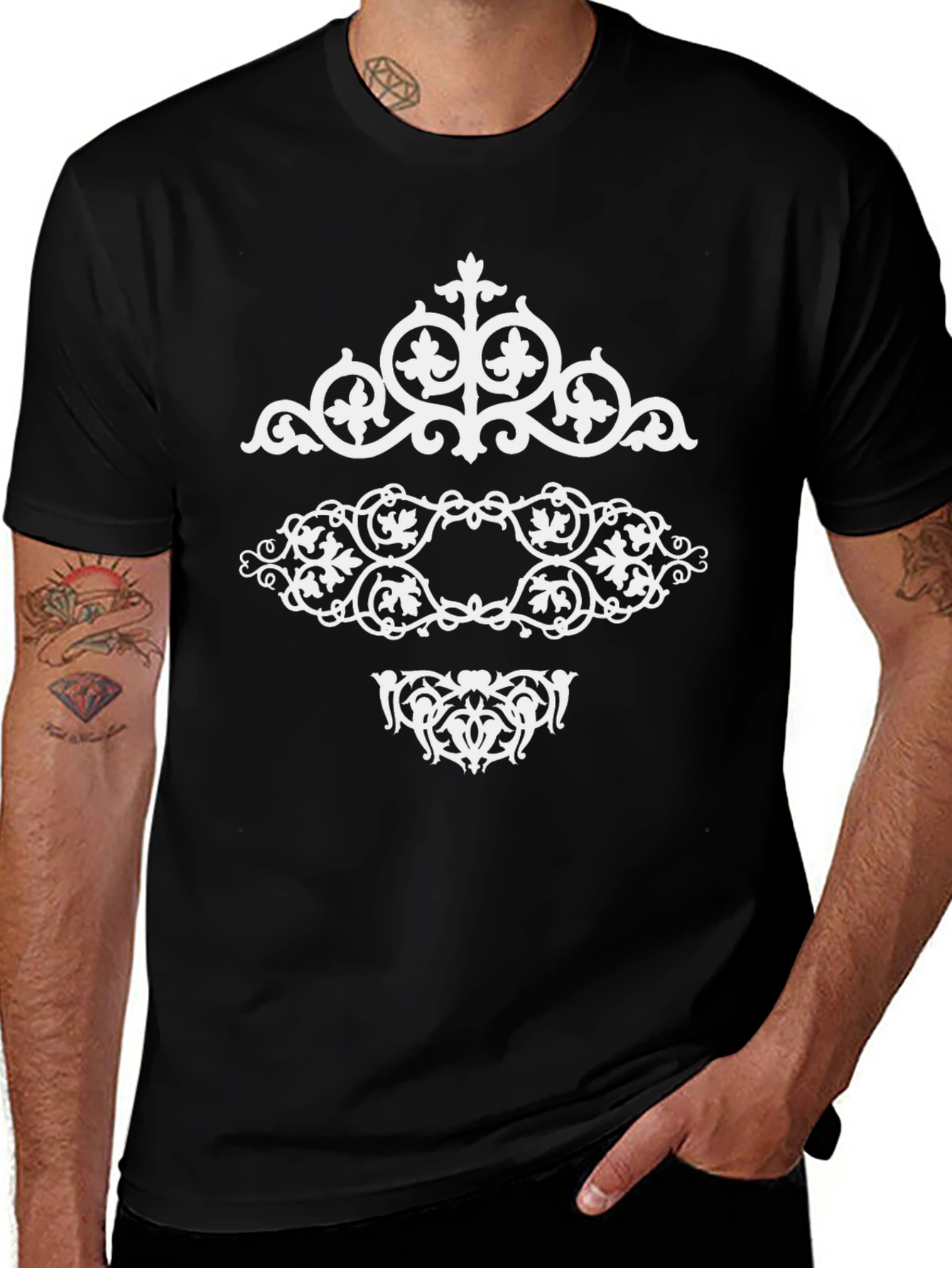 Elegant Black Tee with White Ornamental Design