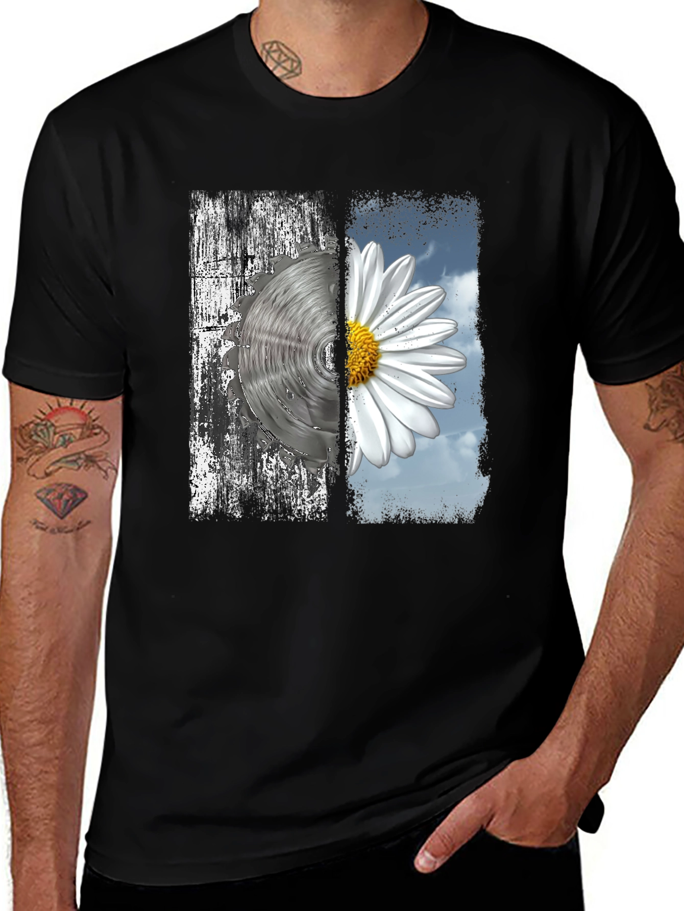 Variant 22 of Saw Blade & Daisy Graphic Tee - Unique Design