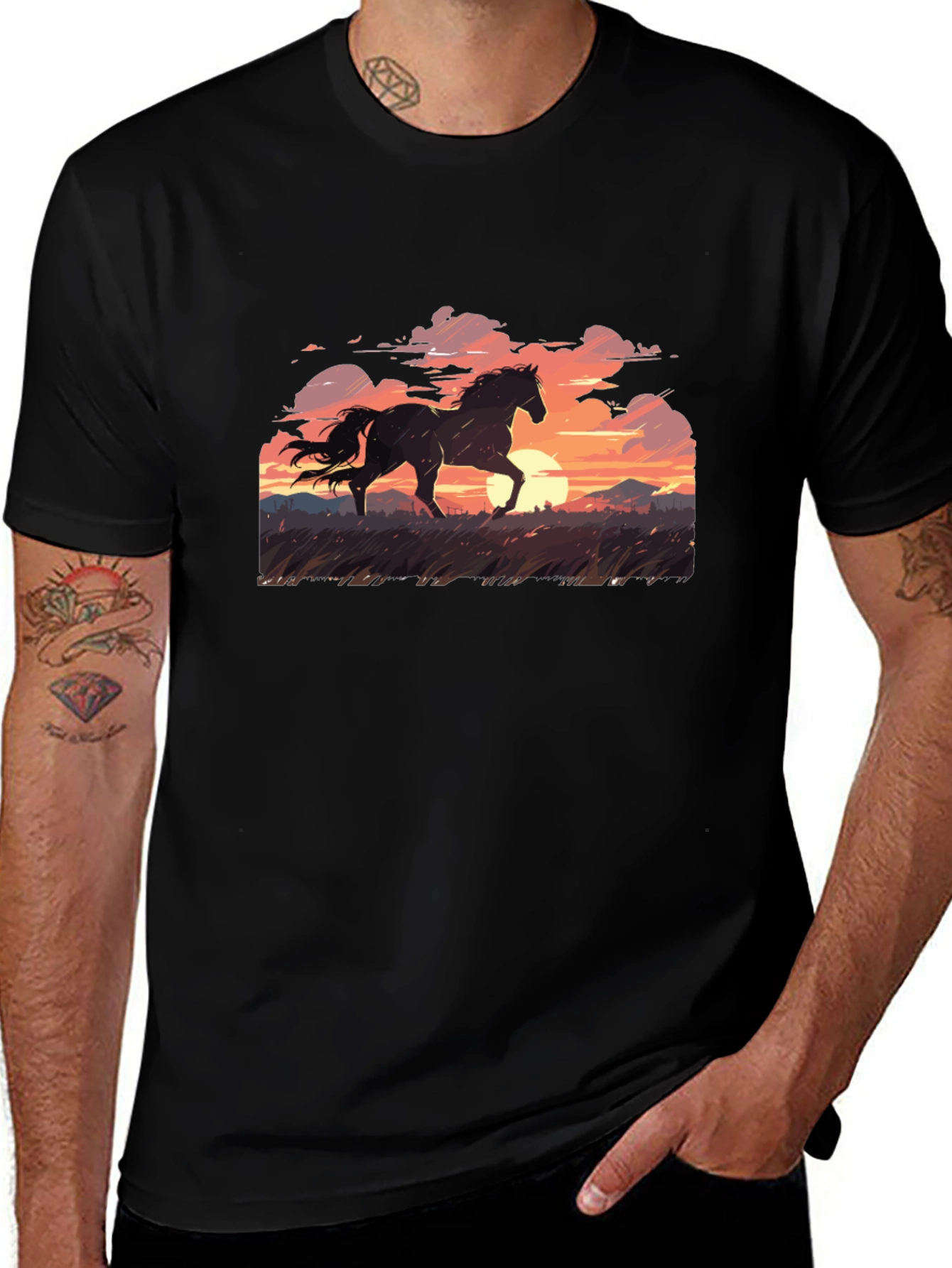 Variant 30 of Horse Sunset Graphic Print Men's Black T-Shirt