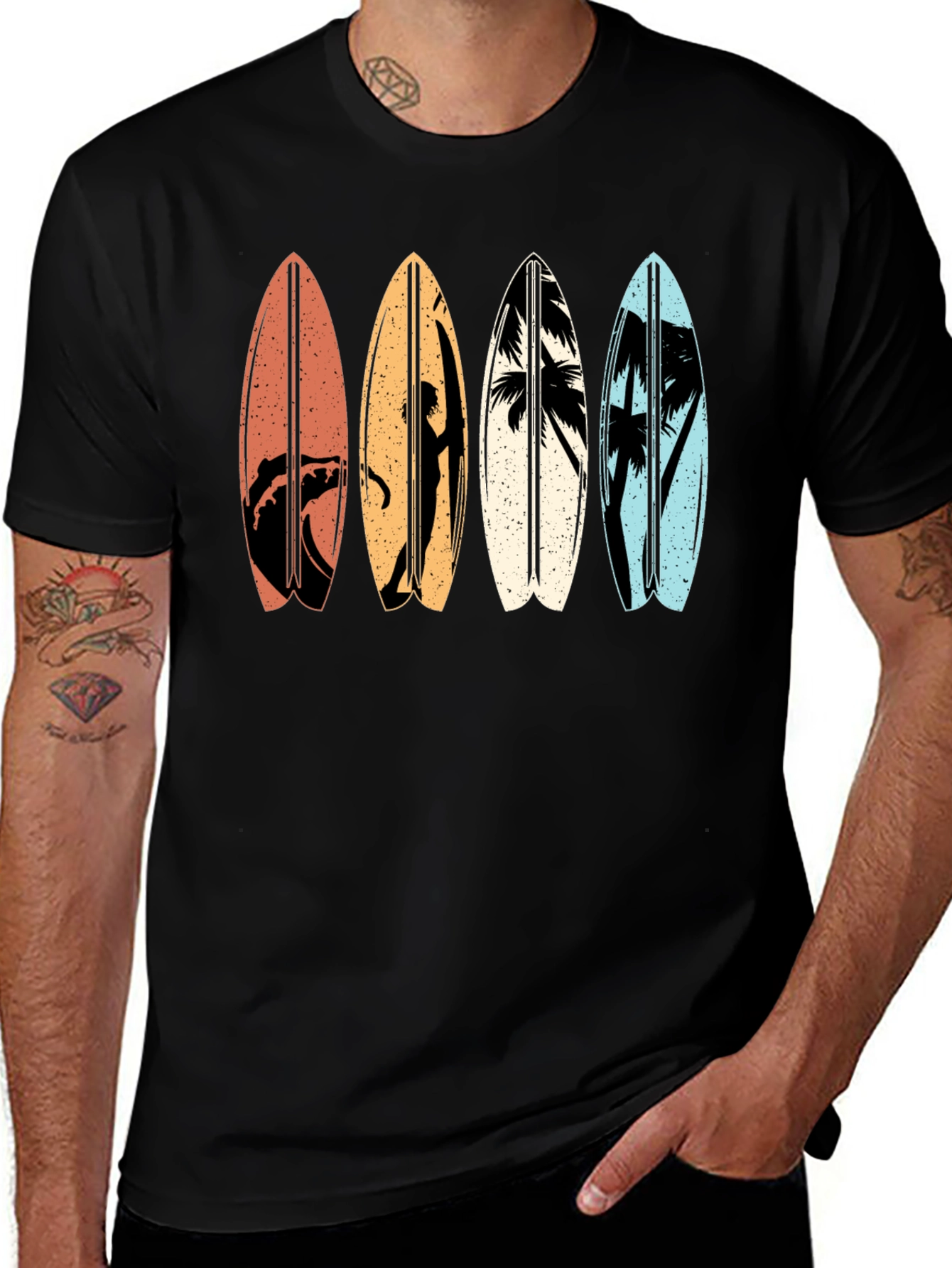 Variant 10 of Retro Surfboard Graphic Tee - Black Cotton T-Shirt