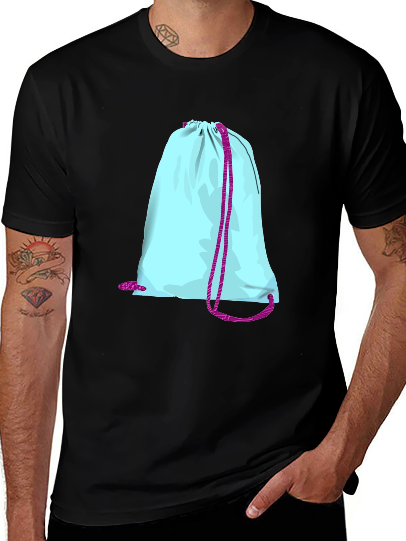 Variant 27 of Graphic Tee: Light Blue Drawstring Bag Design