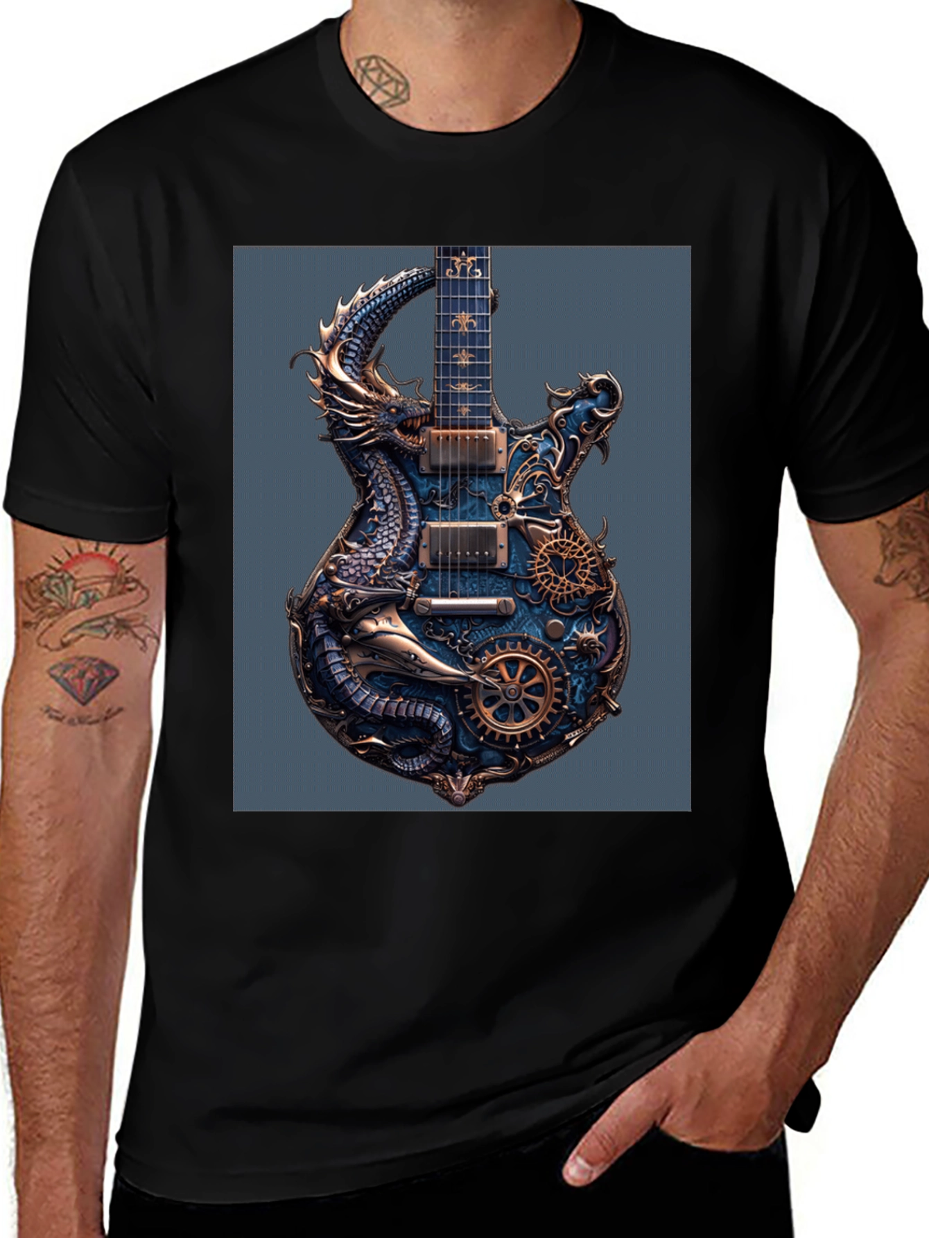 Variant 3 of Steampunk Dragon Guitar Black T-Shirt