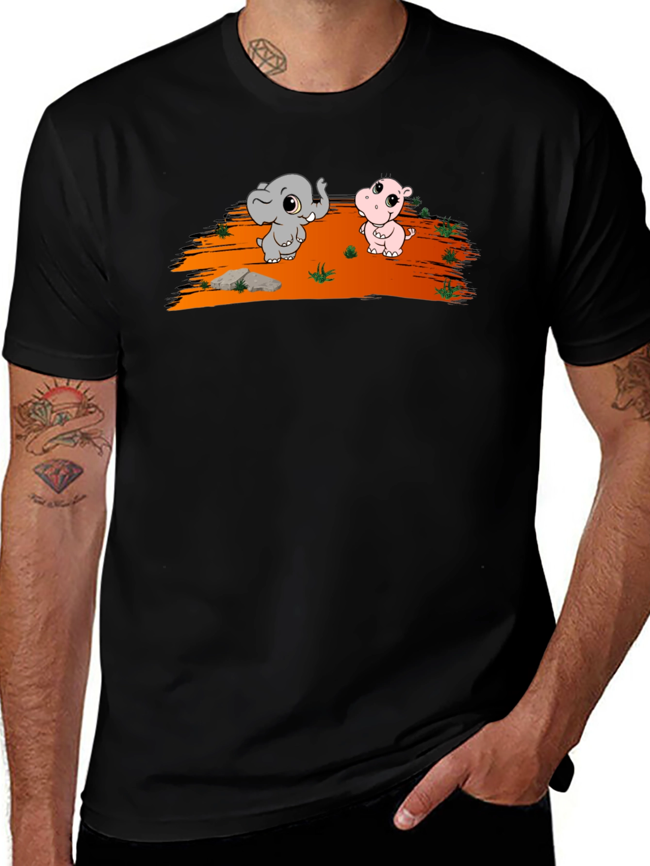 Variant 20 of Cartoon Elephant & Hippo Black T-Shirt