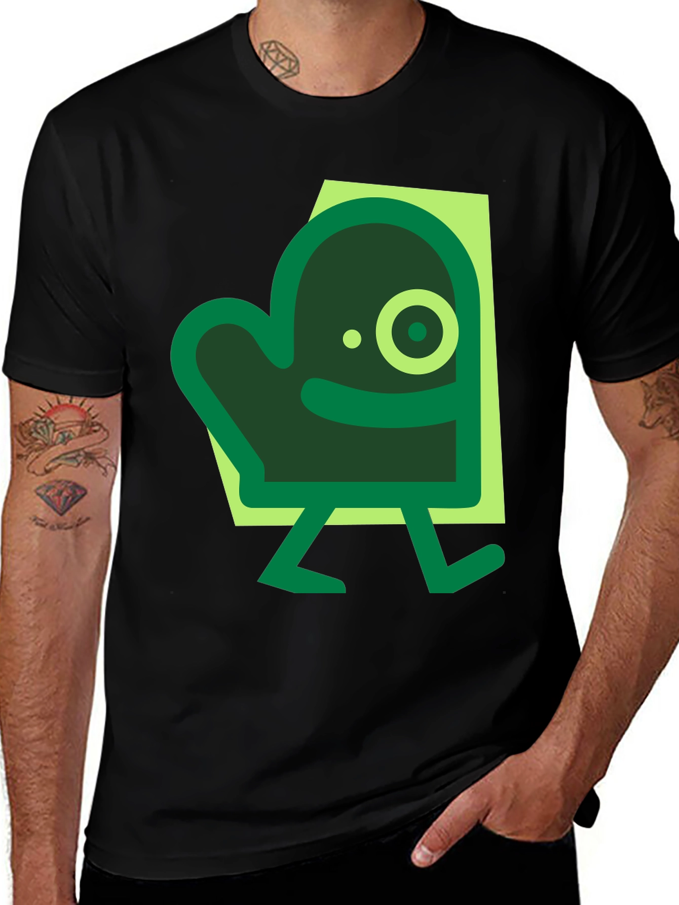 Funky Green Character Black T-Shirt