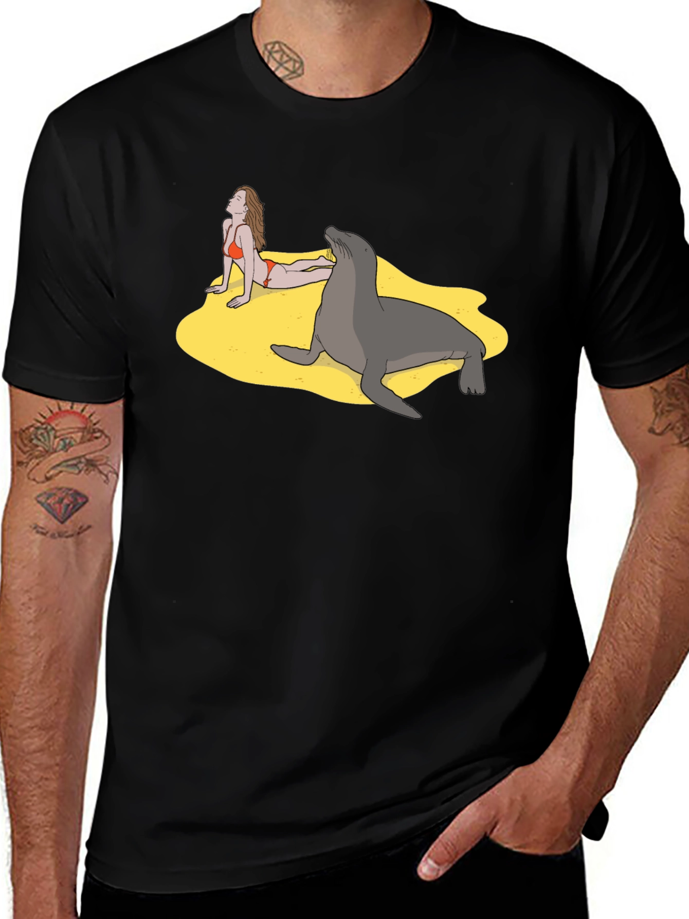 Variant 14 of Funny Beach T-Shirt with Woman and Seal