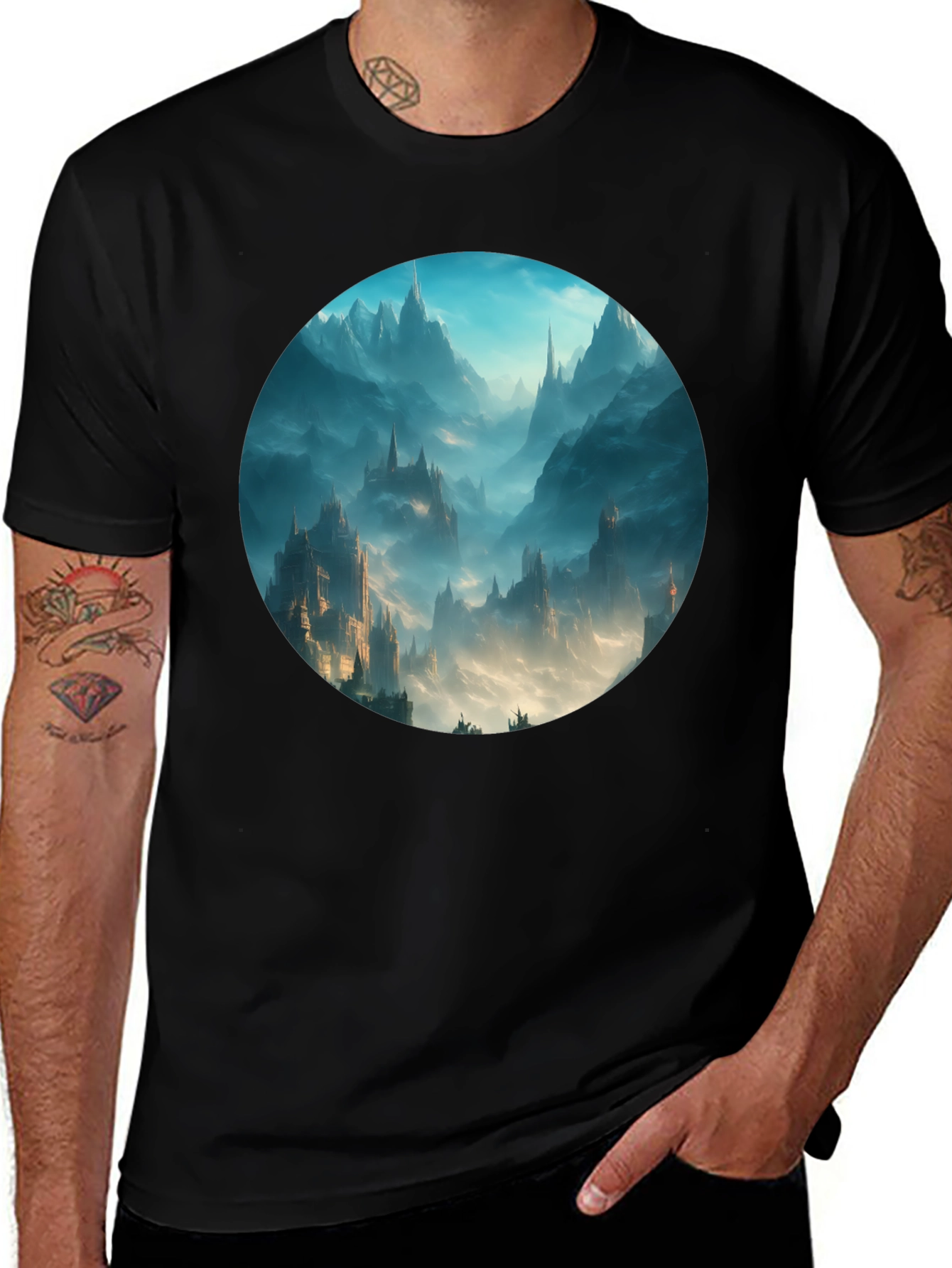 Variant 27 of Fantasy Castle T-Shirt - Black Cotton Tee