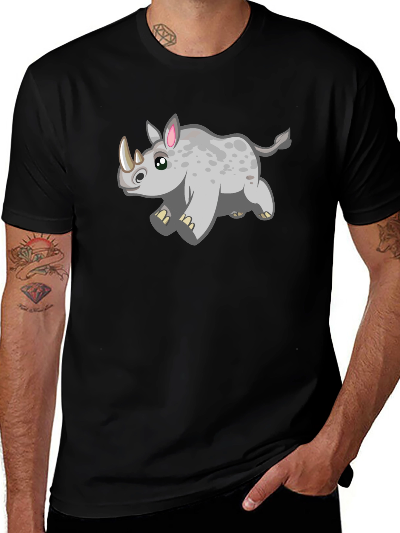 Cartoon Rhino T-Shirt - Black Cotton Tee