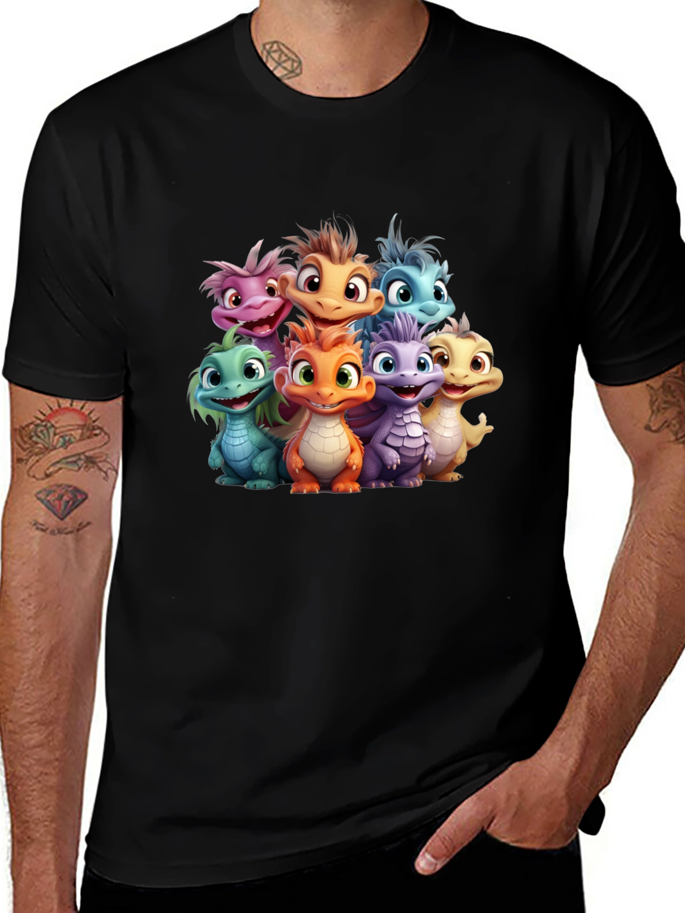 Variant 6 of Cute Dragon Squad Graphic Tee - Black Cotton